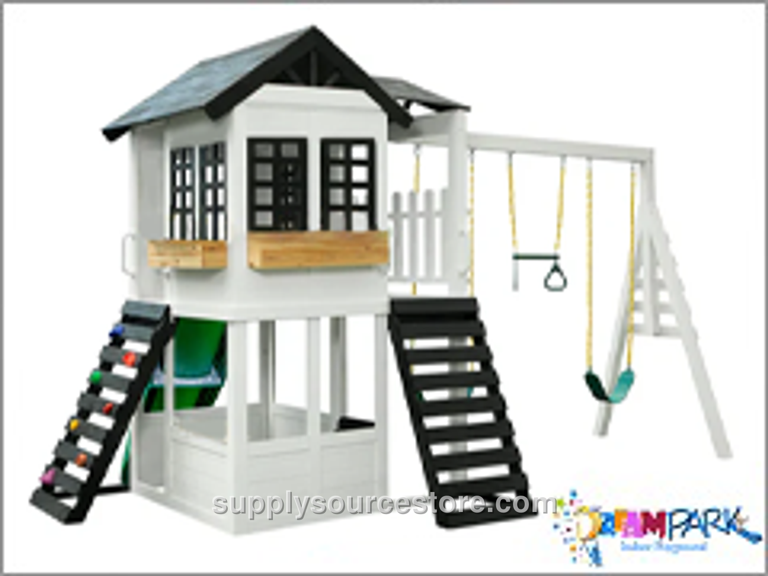 White Wooden Garden Swing Set with Playhouse