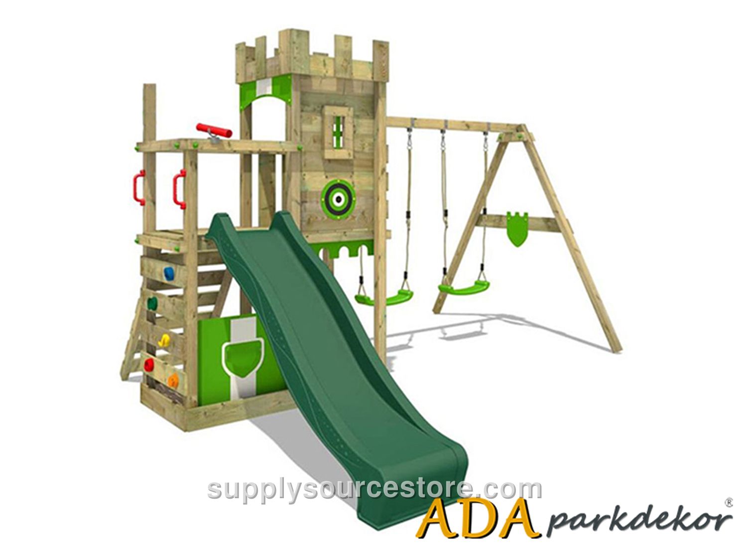 Wooden Roofed Slide and Climbing Swing Set