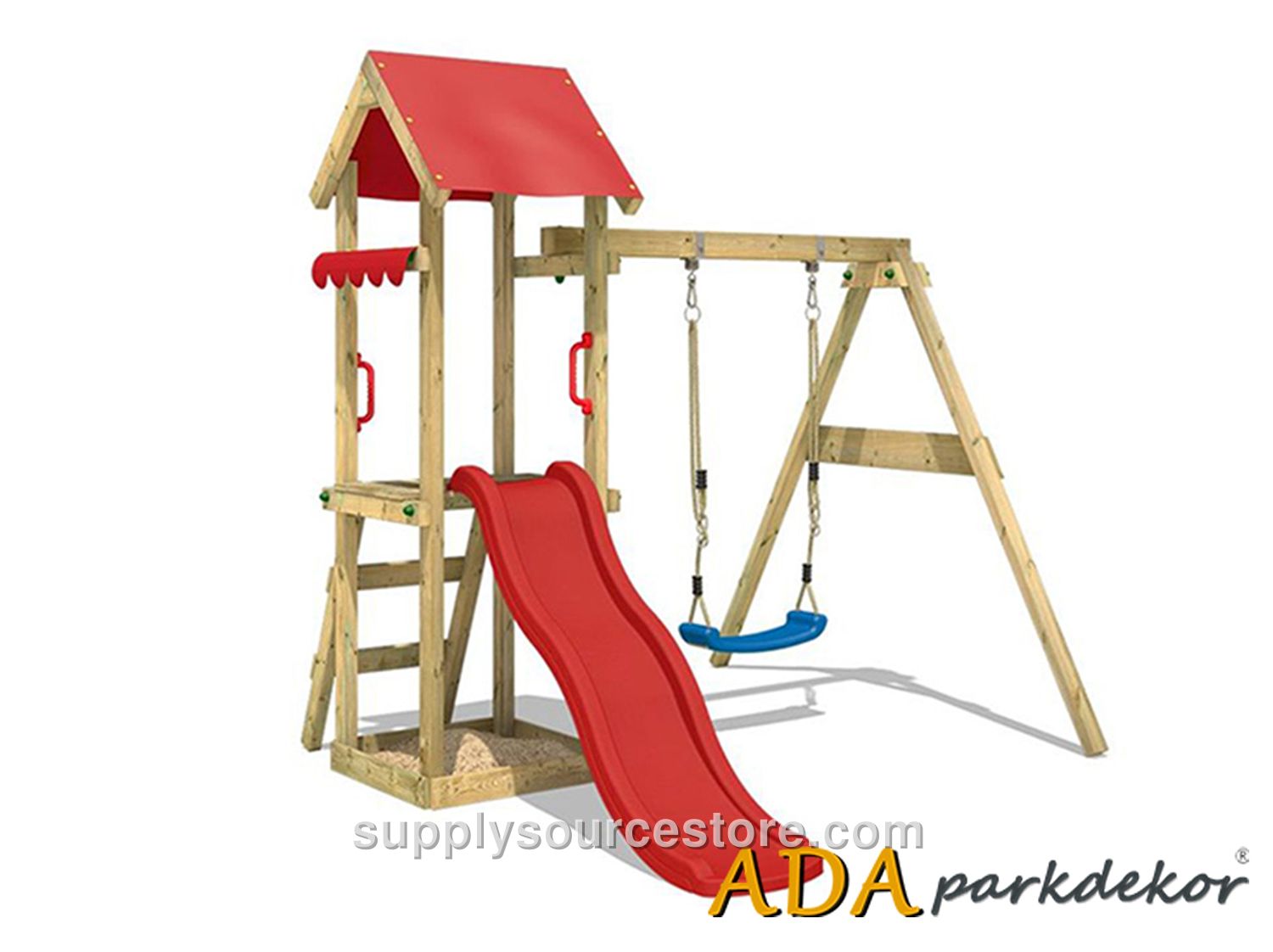 Wooden Roofed Slide Swing Set