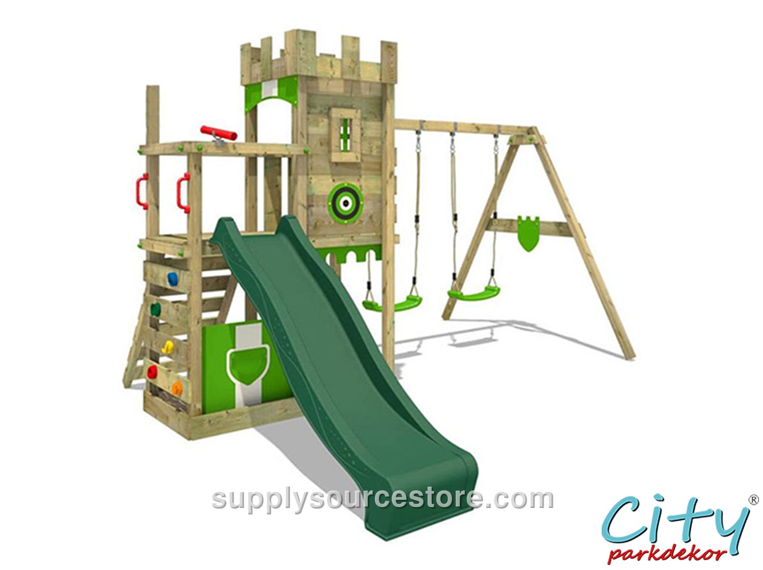 306828 Wooden Roofed Slide and Climbing Swing Set
