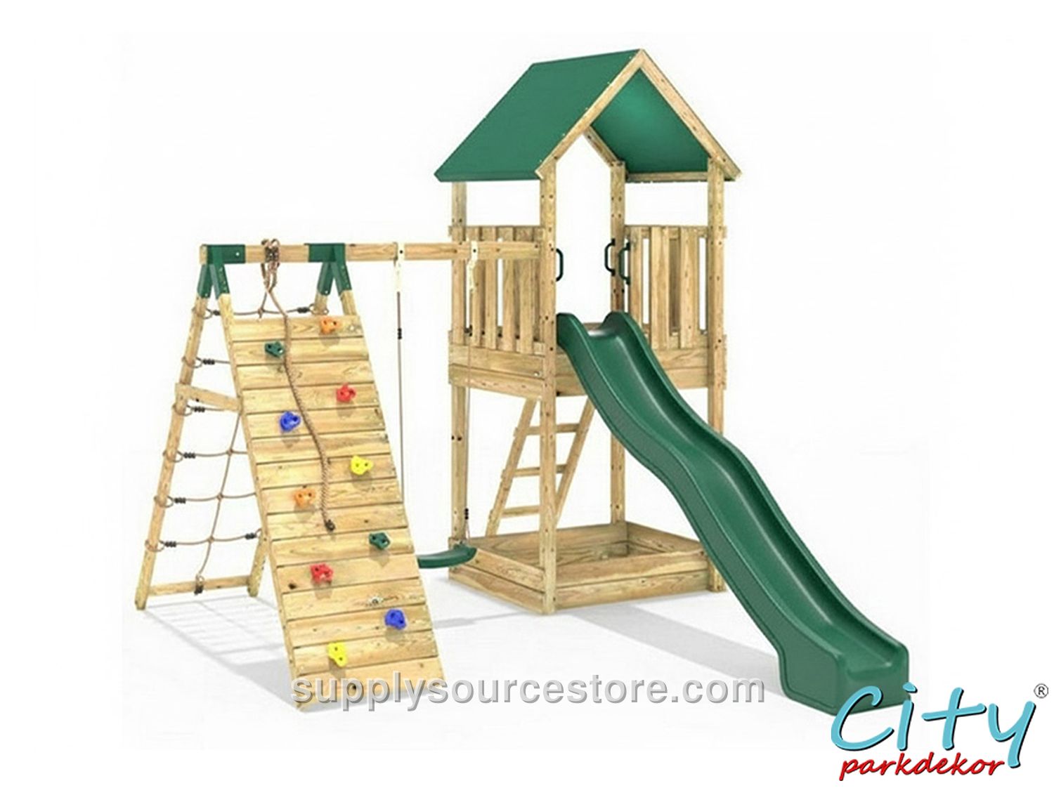 Wooden Roofed Slide & Climbing Swing Set