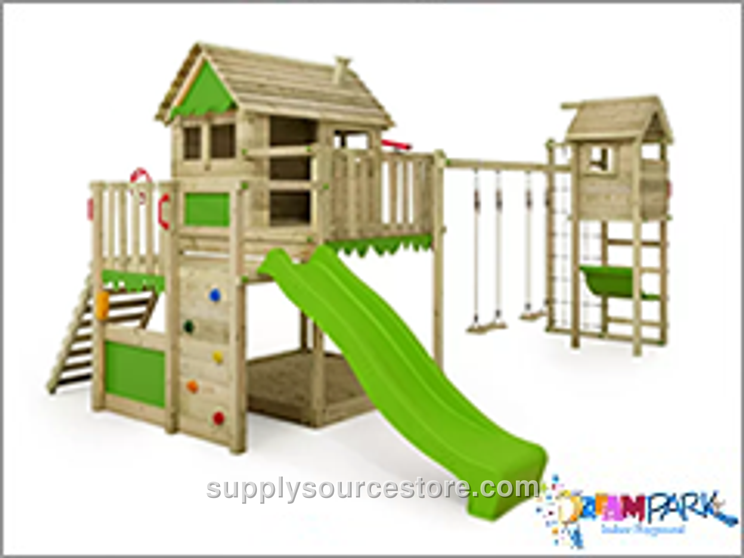 Wooden Double Tower Slide Swing Playhouse