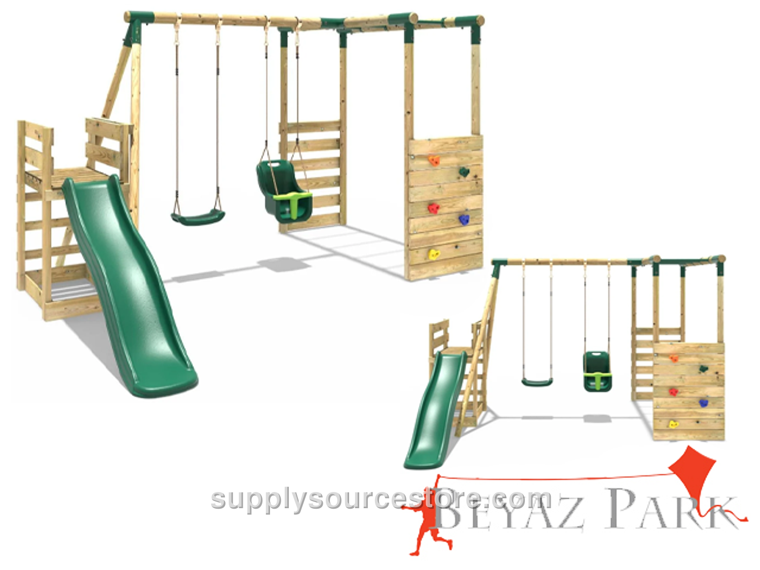 White Park – 30645 – Wooden Climbing Slide Dual Swing Set