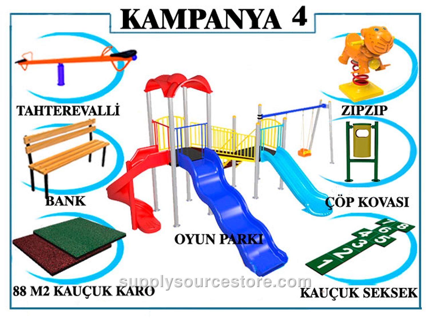 White Park – Campaign – 4 Playground Play Sets + Seesaw + Zipzip + Wooden Litter Bin + Wooden Bench + Hopscotch + Rubber Tile Flooring