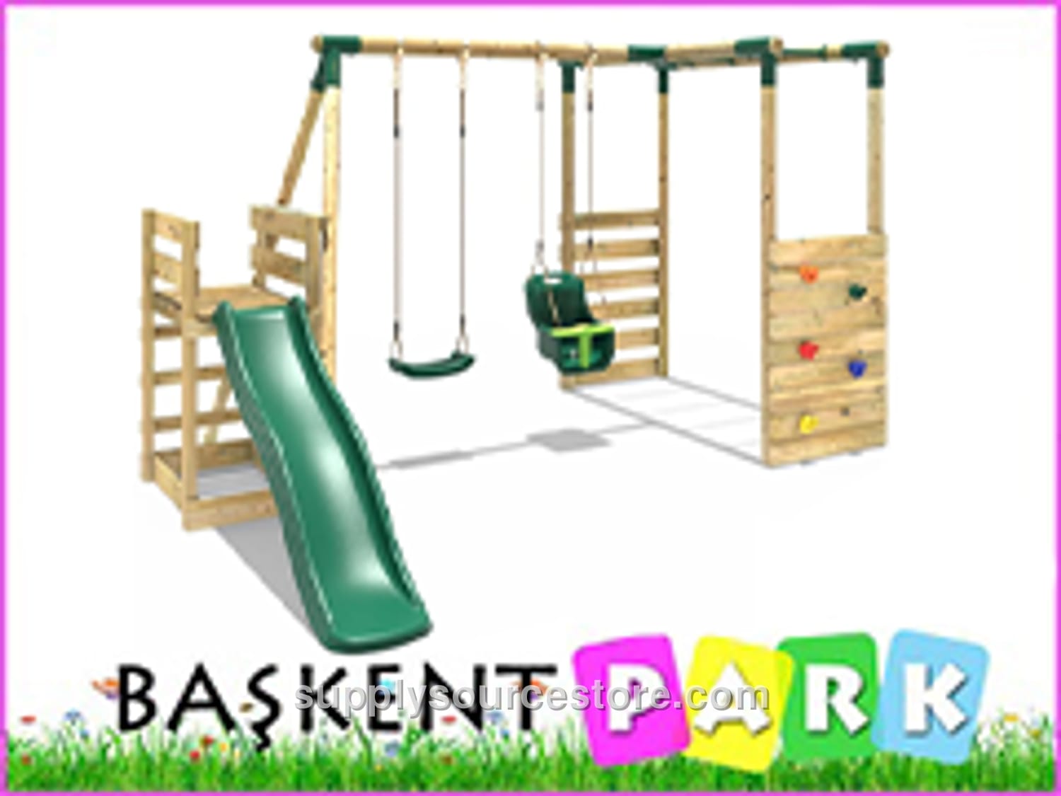 Wooden Climbing Slide Double Swing Set