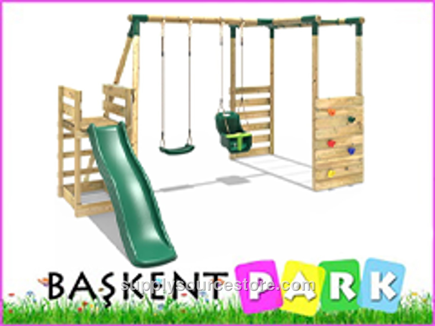 Wooden Climbing Slide Double Swing Set