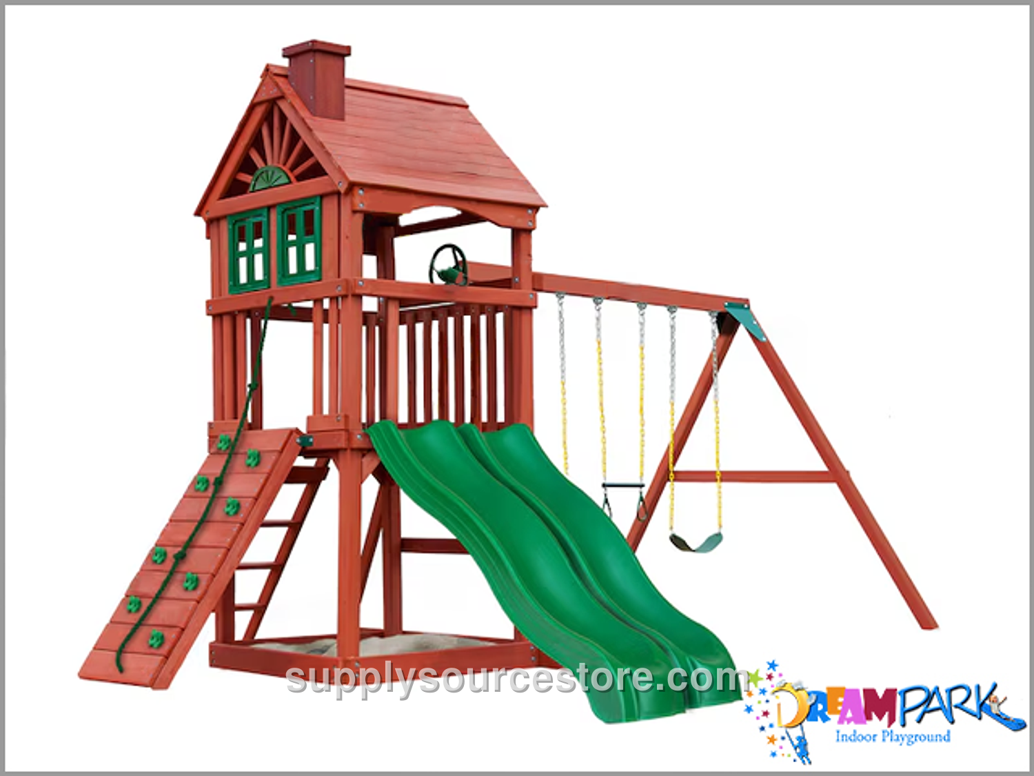 Wooden Double Slide Playhouse with Swing