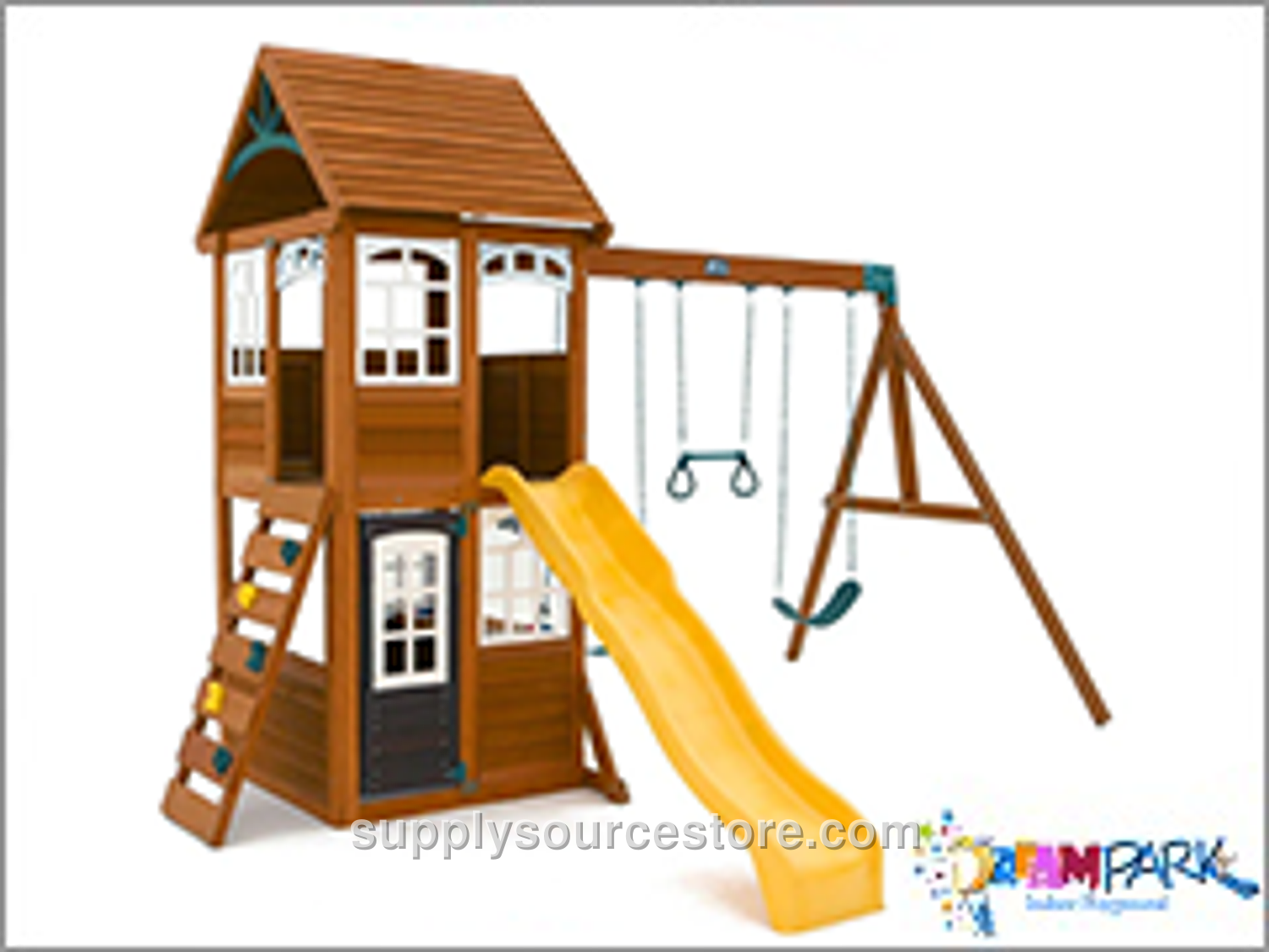 Wooden Two-Story Slide and Swing Playhouse