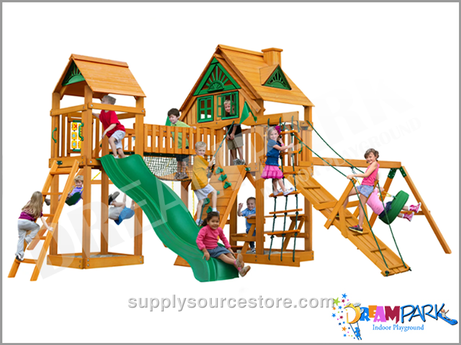51455 – Wooden Playhouse with Slide, Climbing Wall, and Swing