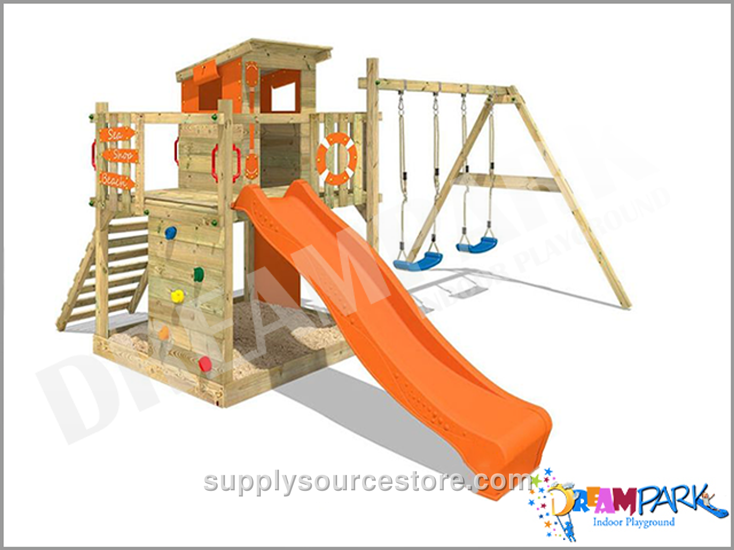 Wooden Climbing Slide and Swing Set