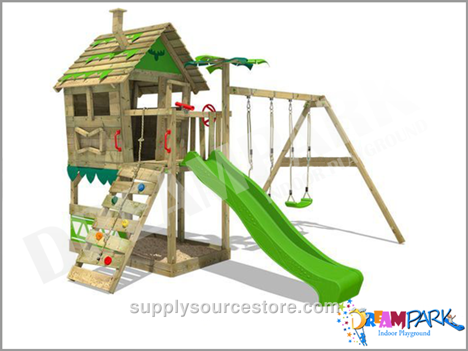 Wooden Roof Slide with Climbing Swing Set