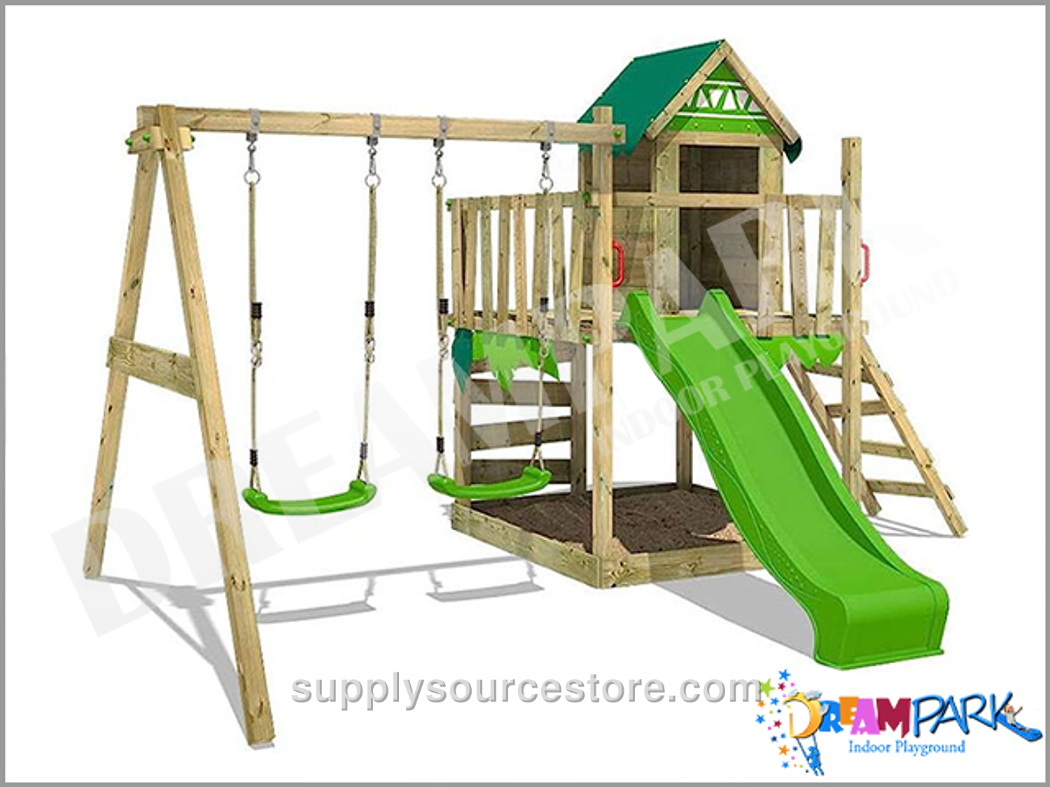 Wooden Roof Slide and Swing Set