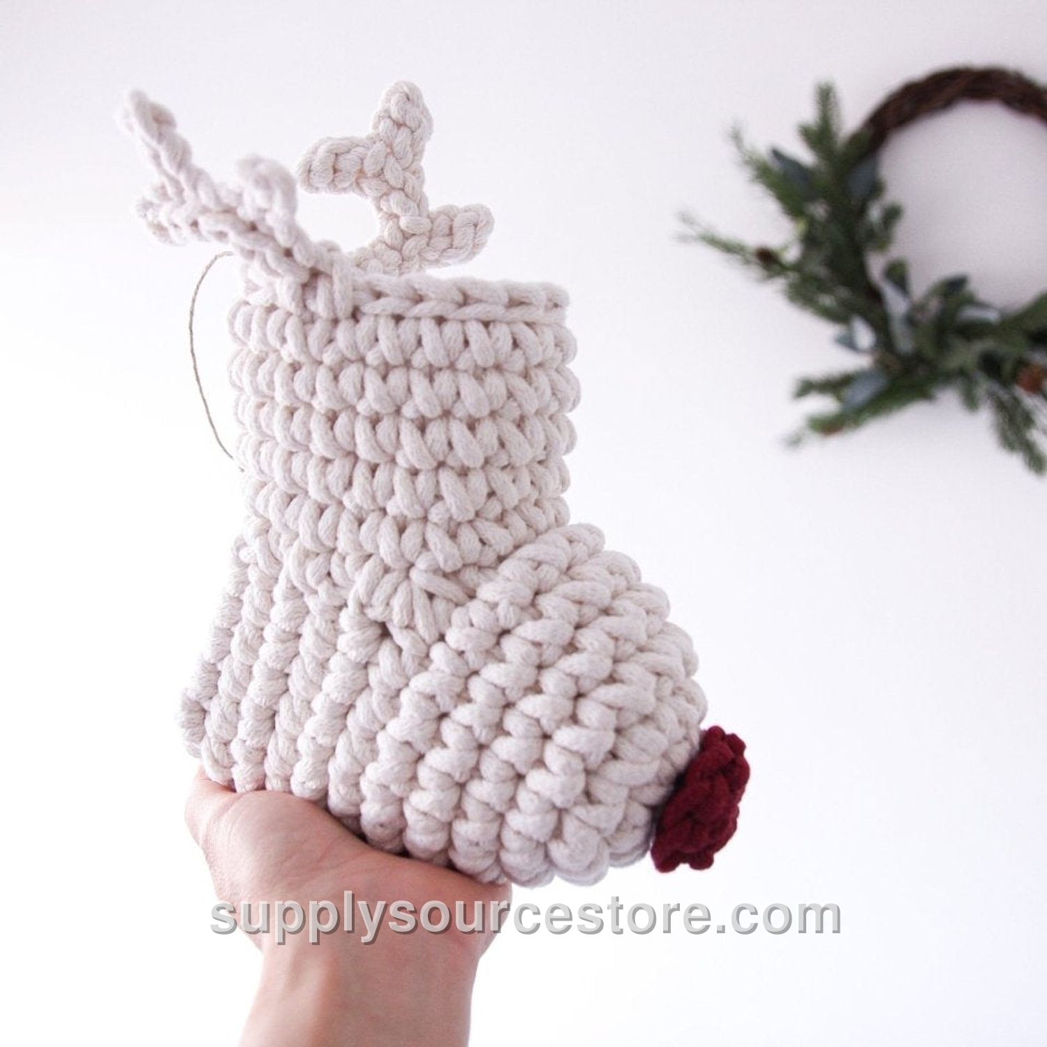 Crochet Red Nosed Reindeer Stocking - Ivory