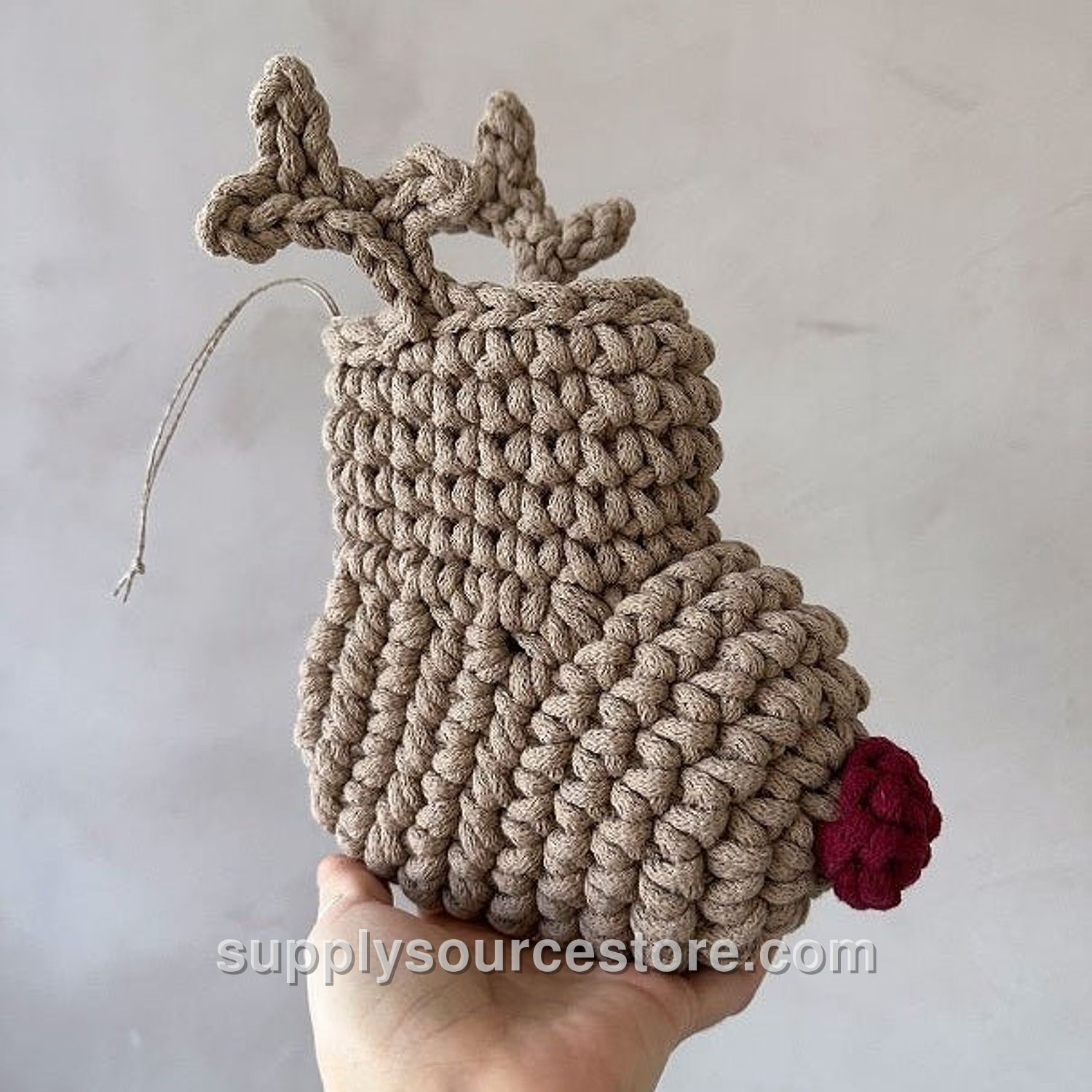 Crochet Red Nosed Reindeer Stocking - Cappuccino