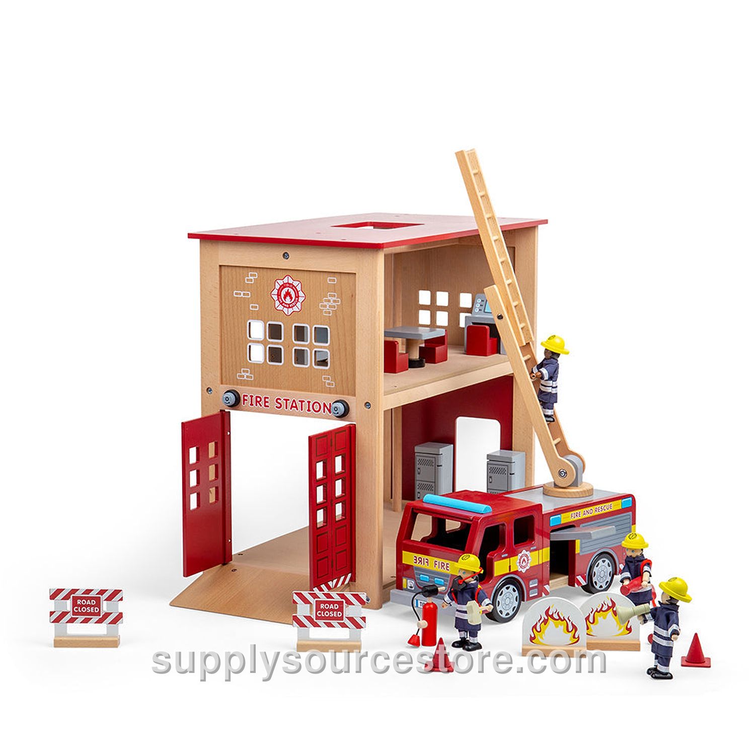 Wooden Fire Station & Fire Engine Toy Bundle