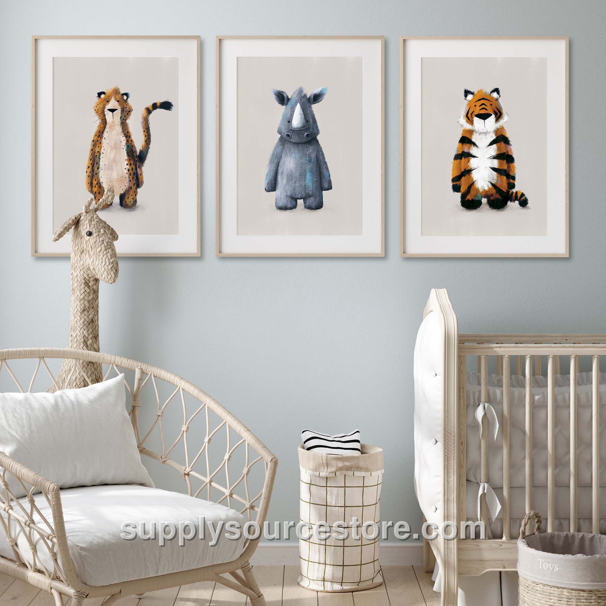 Neutral Jungle Safari Animal Nursery Prints Set of 3 - Rhino