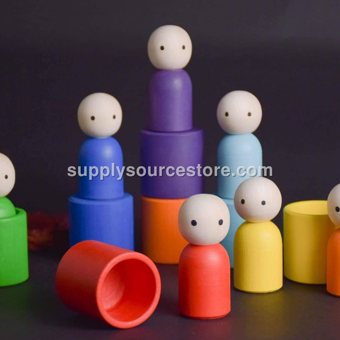 Wooden Peg Dolls Set in Colored Rainbow Hat, Little People, Montessori Baby Toys, Waldorf Gnome Doll, Open Ended Toys for Toddlers
