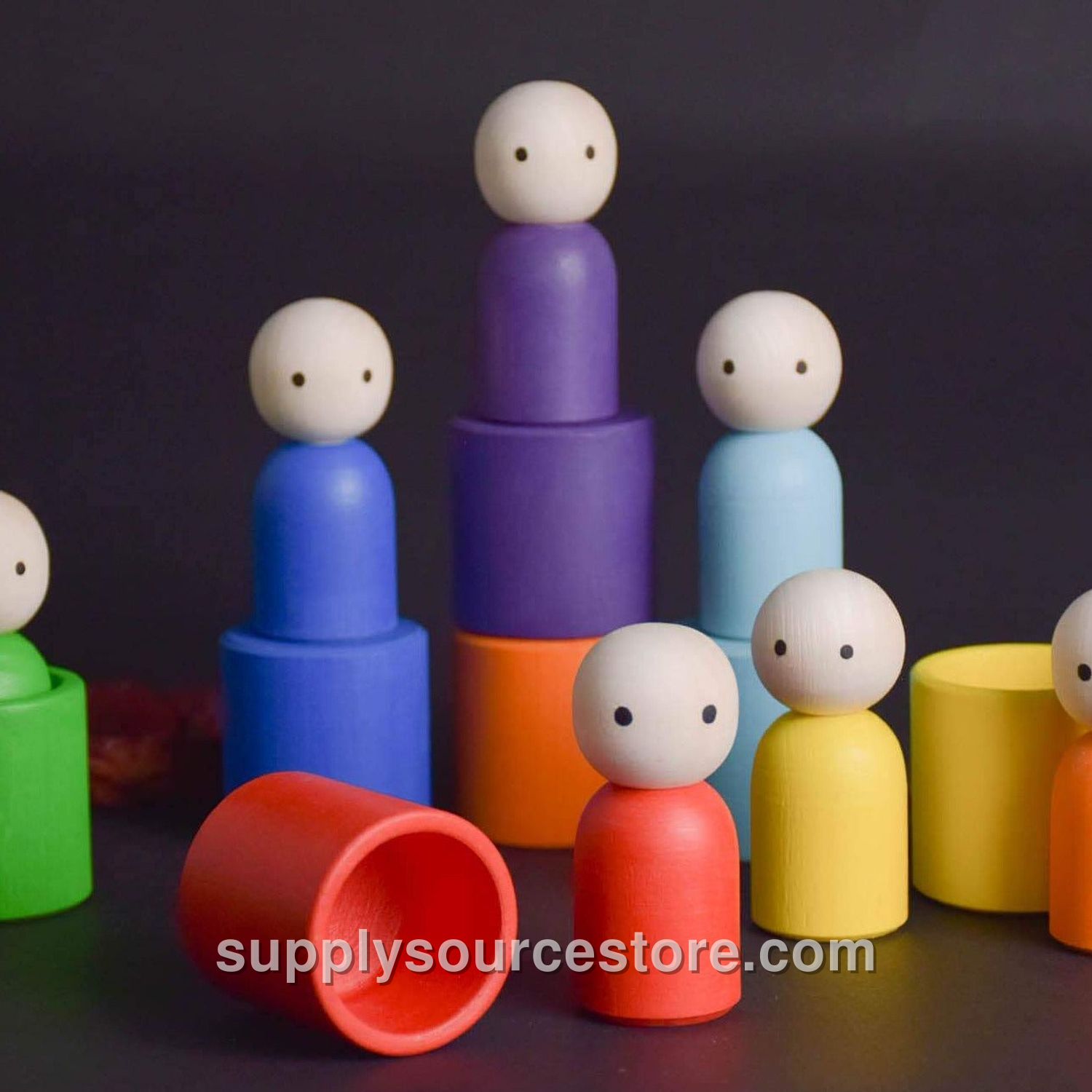 Wooden Peg Dolls Set in Colored Rainbow Hat, Little People, Montessori Baby Toys, Waldorf Gnome Doll, Open Ended Toys for Toddlers
