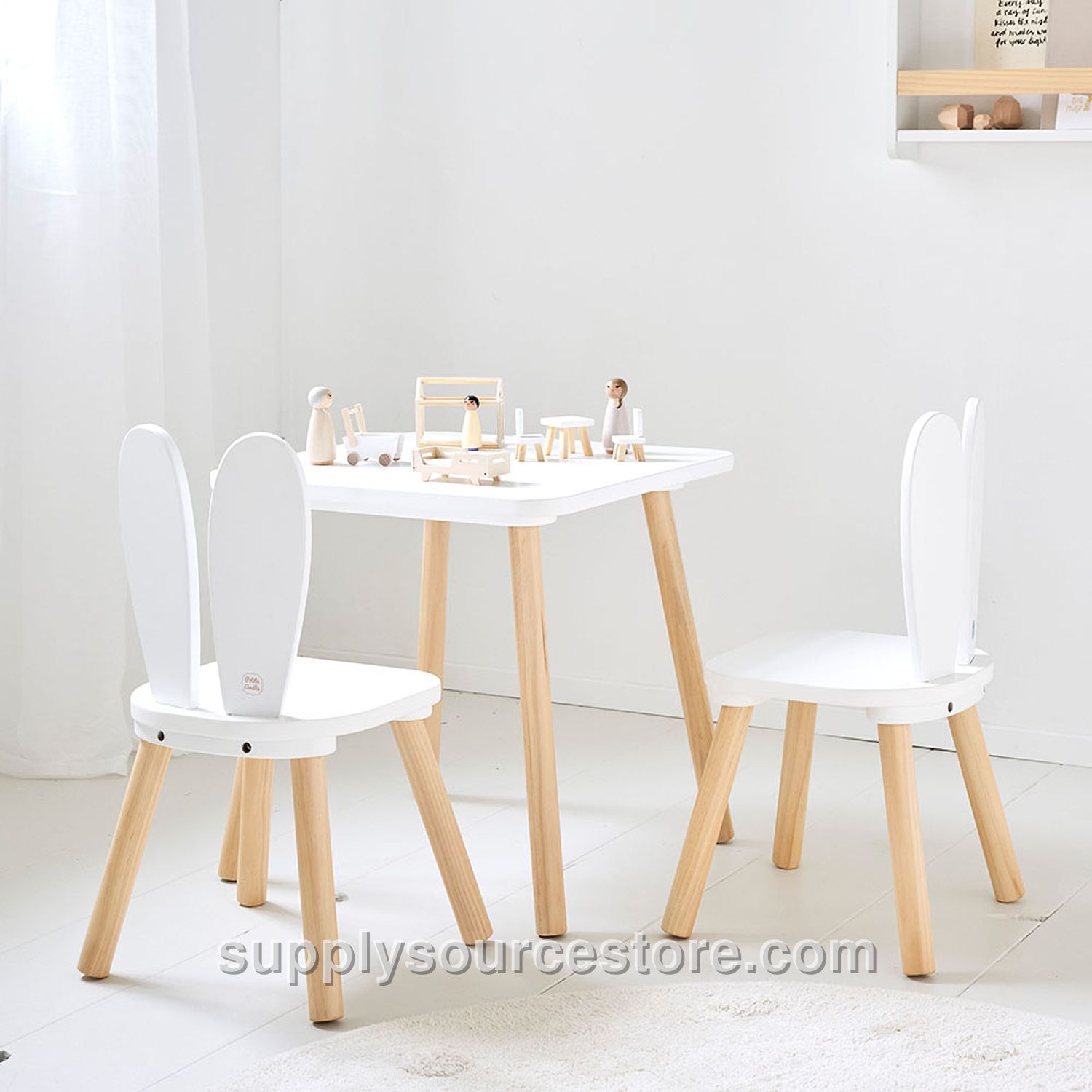 Toddler table and chairs wooden set | bunny rabbit | White