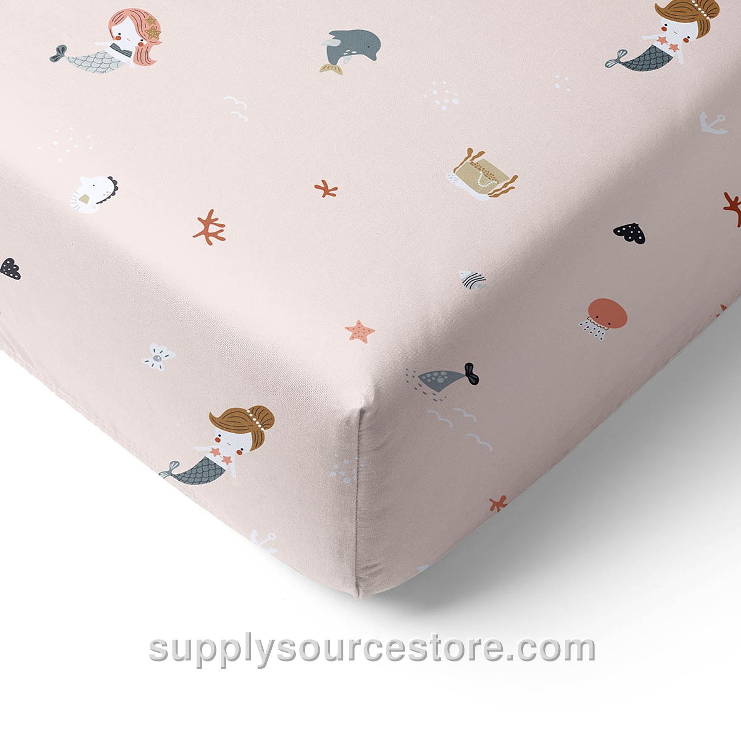 FITTED SHEET SINGLE BED 90x200 CM (35.4 x 78.7 in) «MERMAIDS» | LIGHT DUSTY PINK