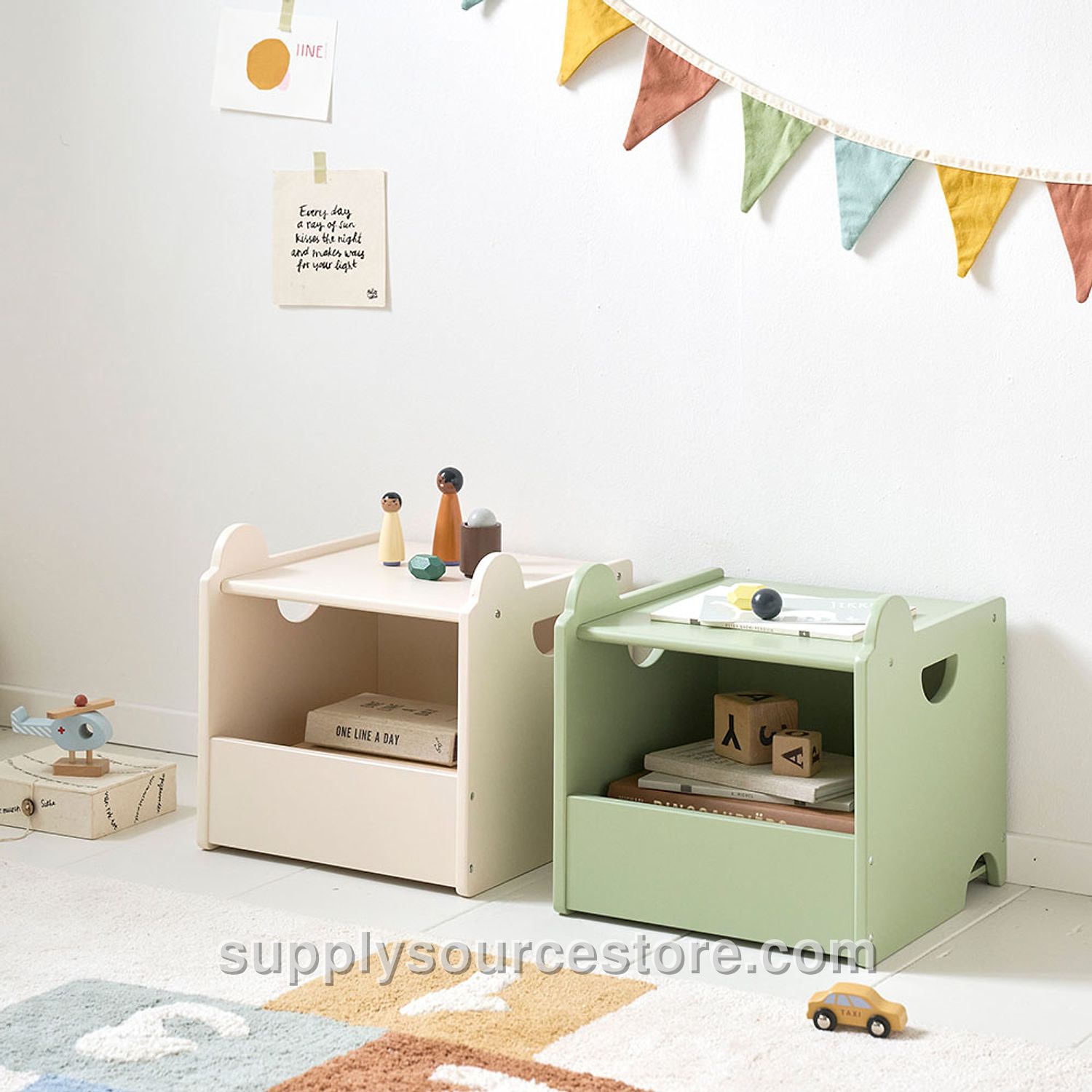 Set of 2 Wooden Toy Storage Boxes «Arc-en-ciel» | Green and Beige