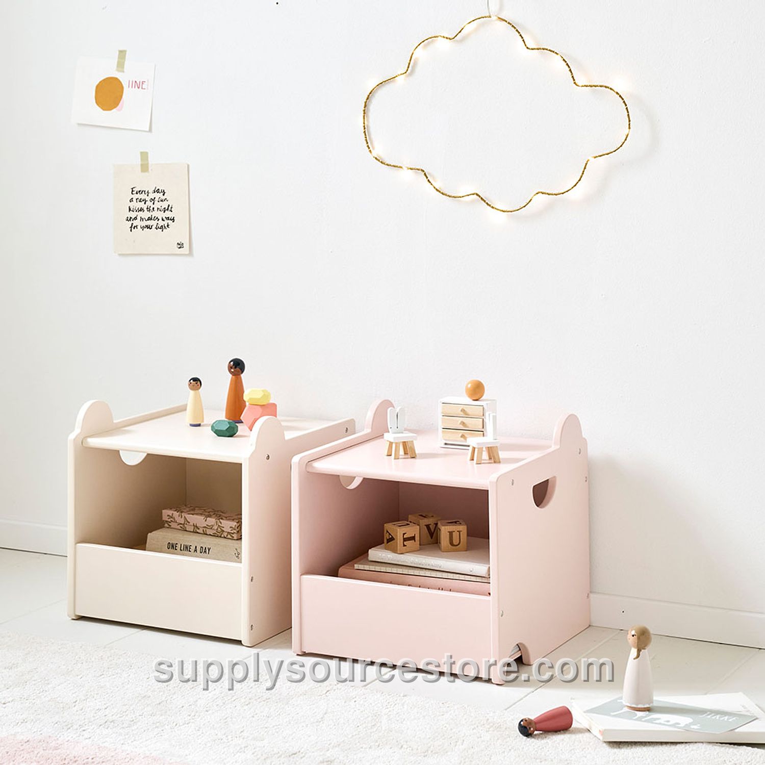 Set of 2 Wooden Toy Storage Boxes «Arc-en-ciel» | Pink and Light Beige