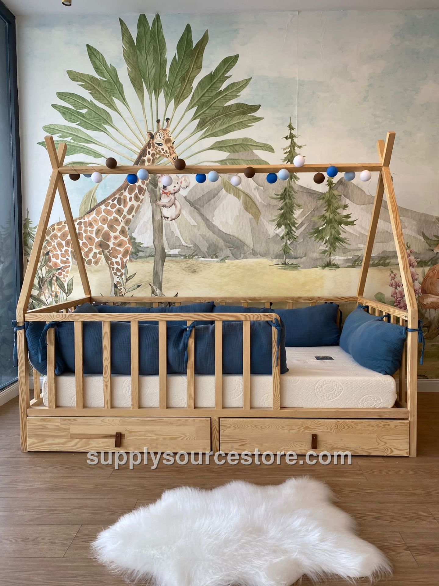 Tribal Native American Solid Wood Crib 120x200 with Drawer – Installation