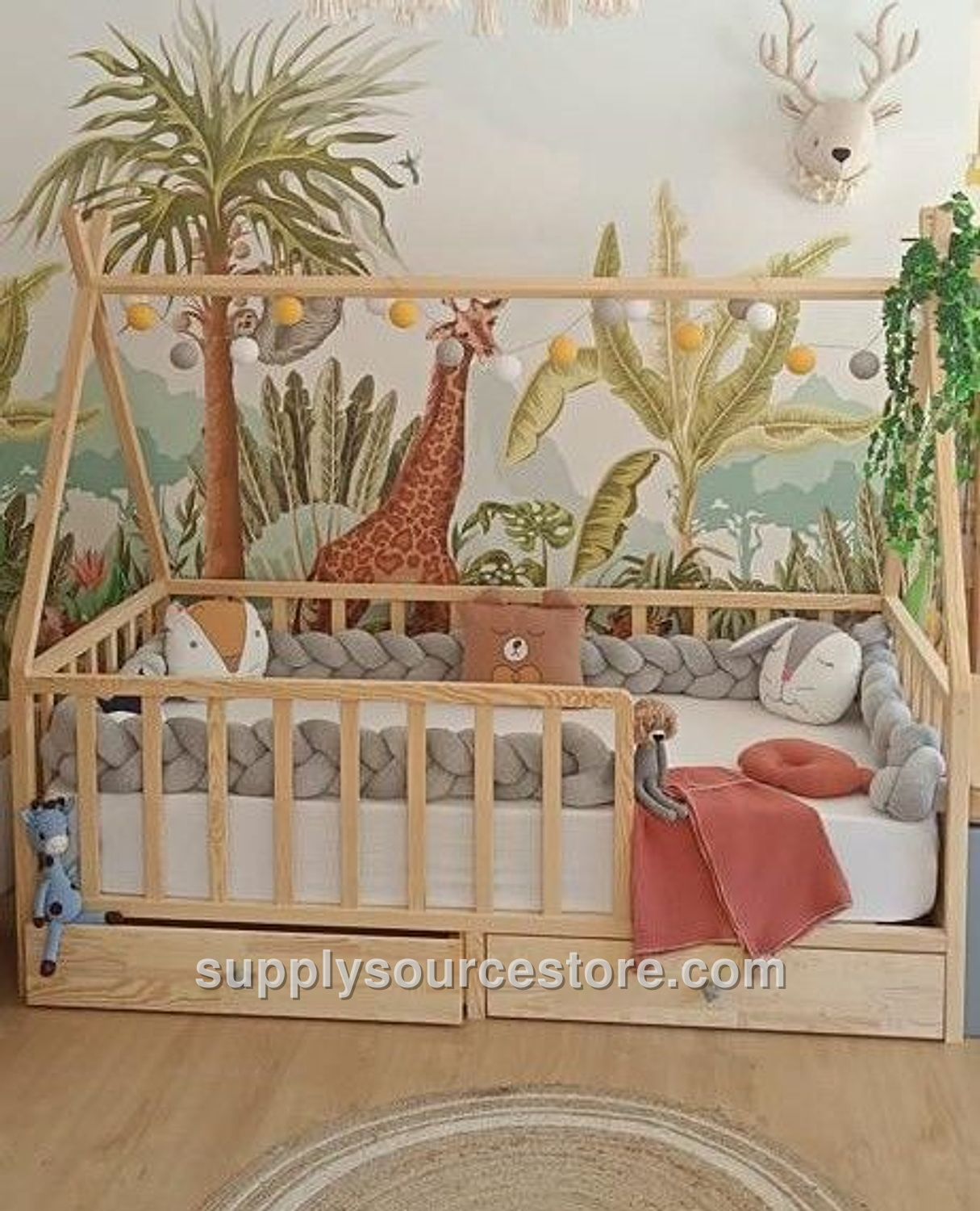 Tribal Native American Solid Wood Crib 90x190 with Drawer