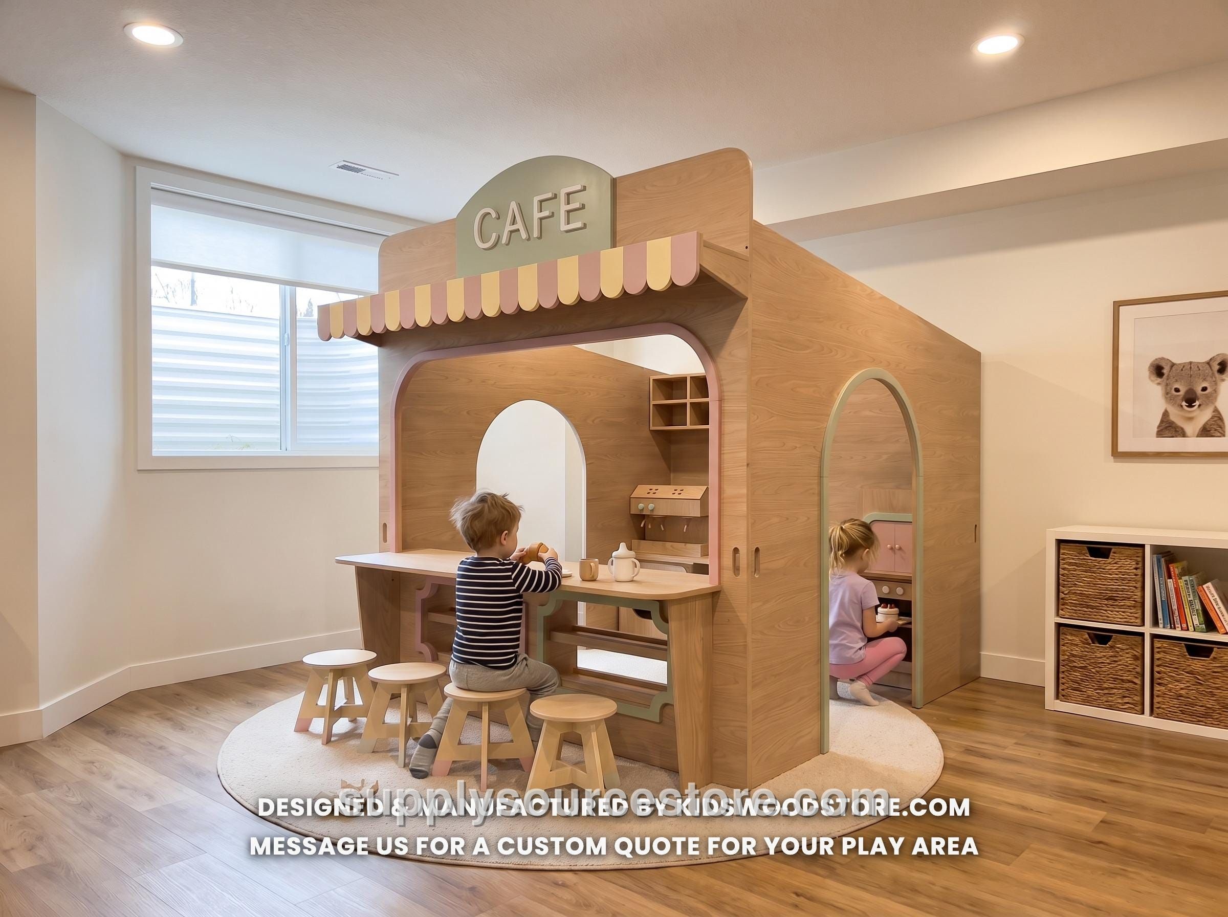 Wooden Cafe Playhouse + Furniture for Kids – Personalized 25+ Themes