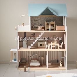 Wooden dolls house «Campagne» | incl. 14 Pieces Furniture Set | 81 cm | White & pastel blue