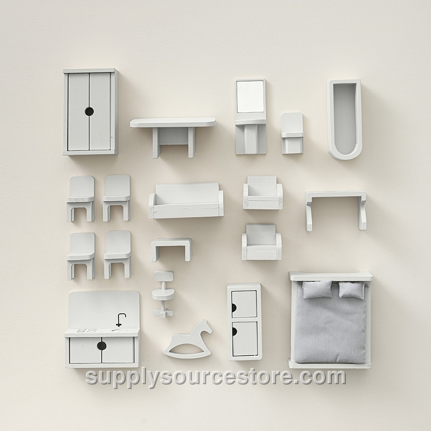 Wooden Dolls House Furniture 19-piece Set | Mint Grey
