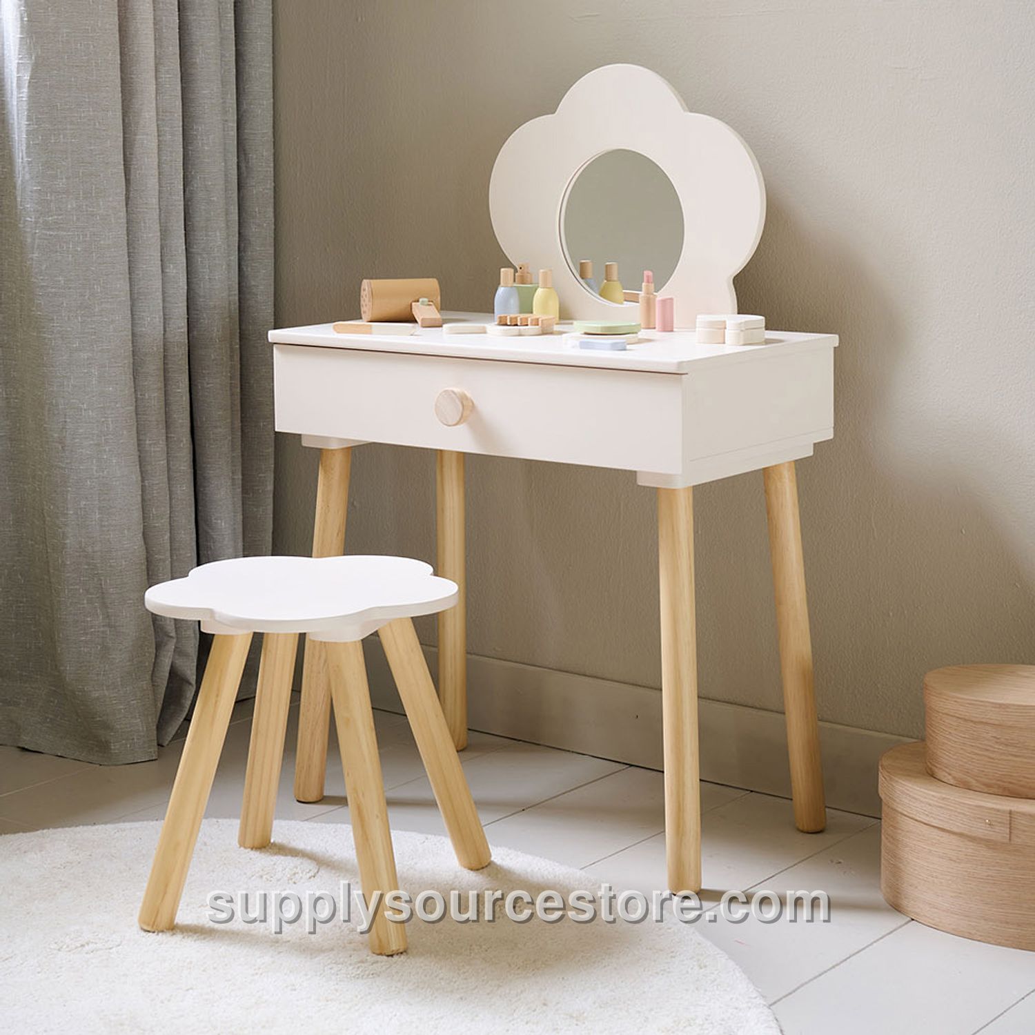 Kids Dressing Table with Mirror and Chair «Fleur» | Off-white