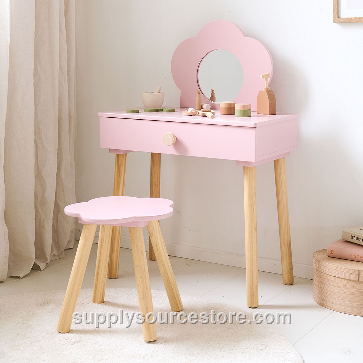 Kids Dressing Table with Mirror and Chair «Fleur» | Pink