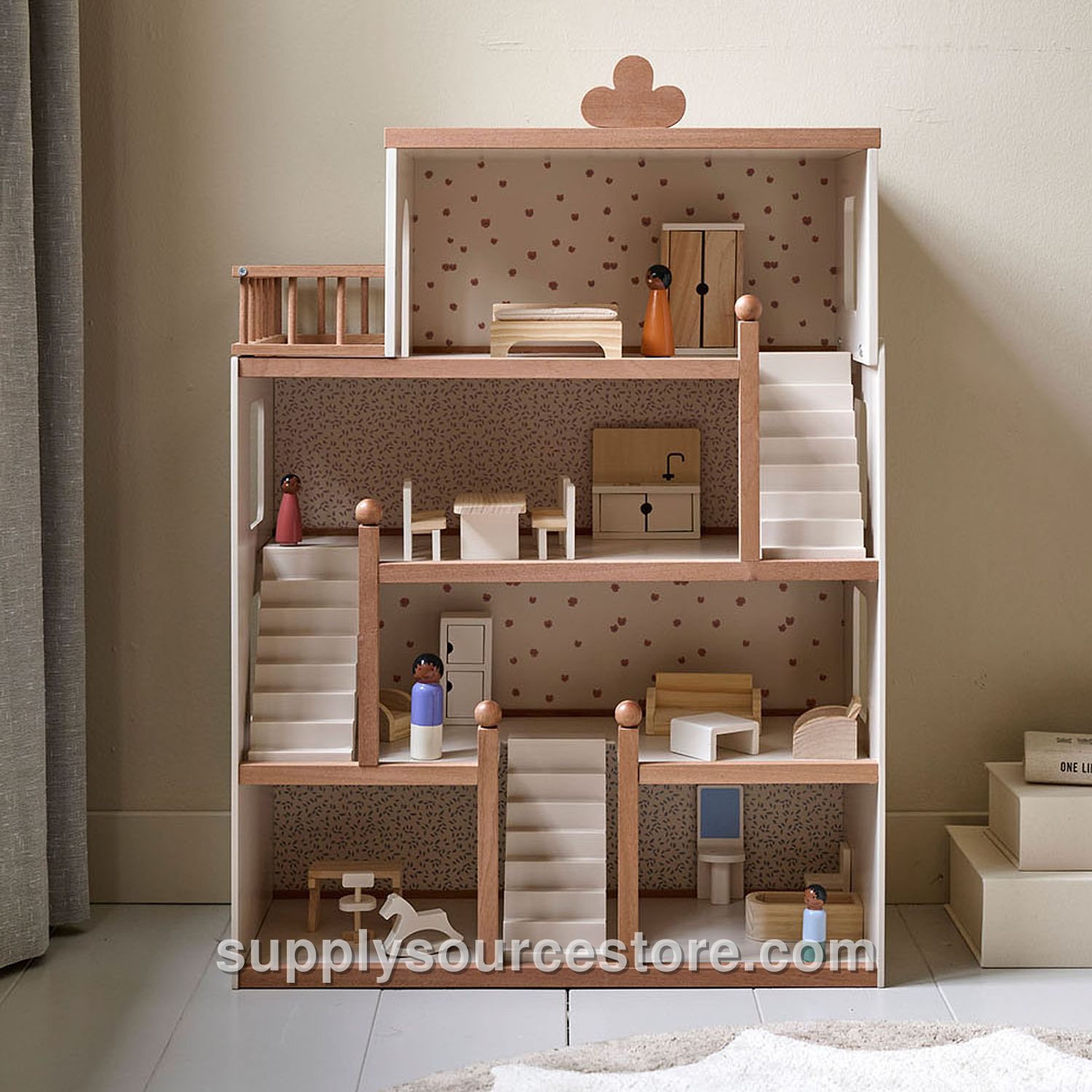 Large wooden dolls house «Fleur» | incl.. 17-piece accessories | 70 cm (27.6 in) | Beige & Walnut