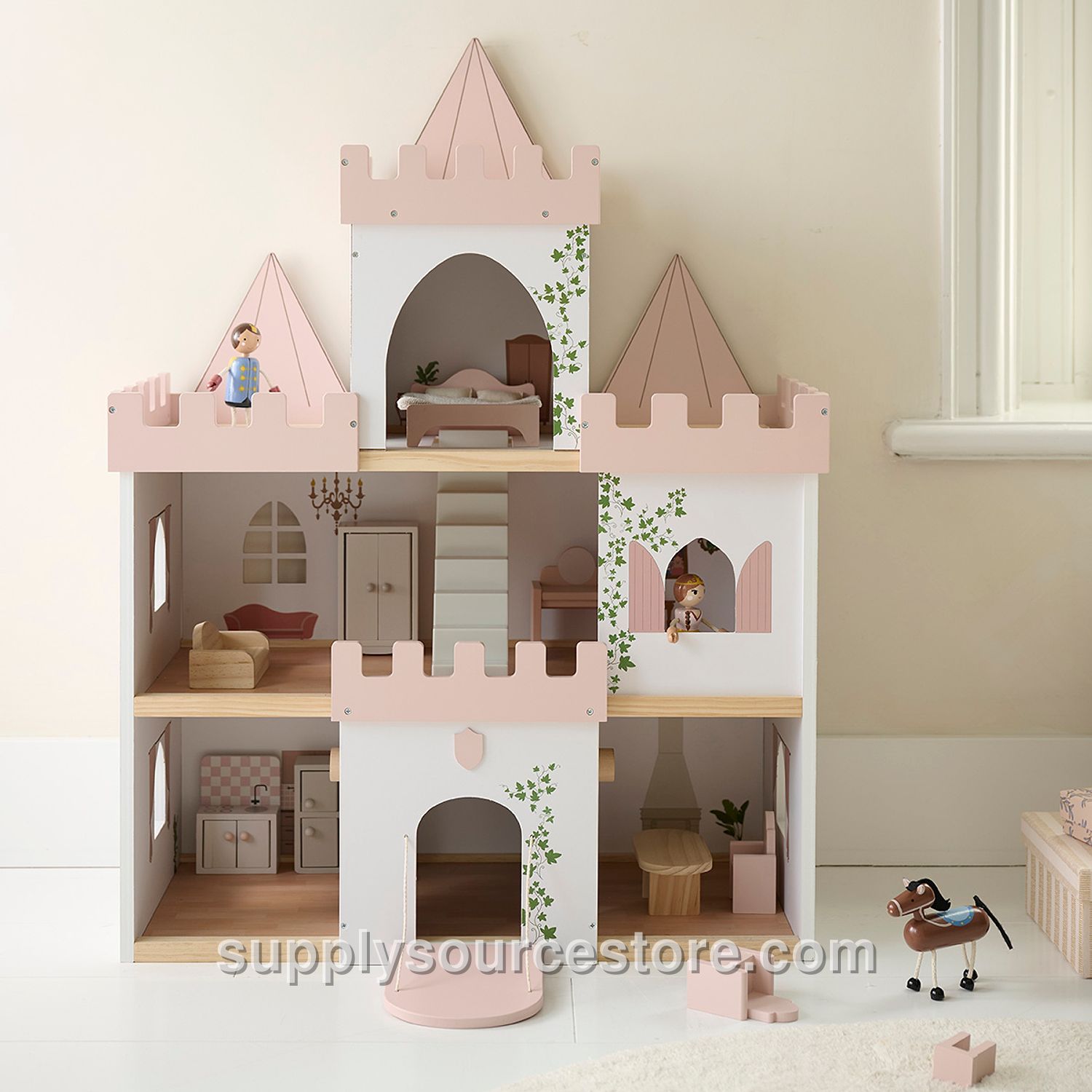 Wooden Dollhouse Castle – Includes Dolls and 10-Piece Furniture Set – Pink