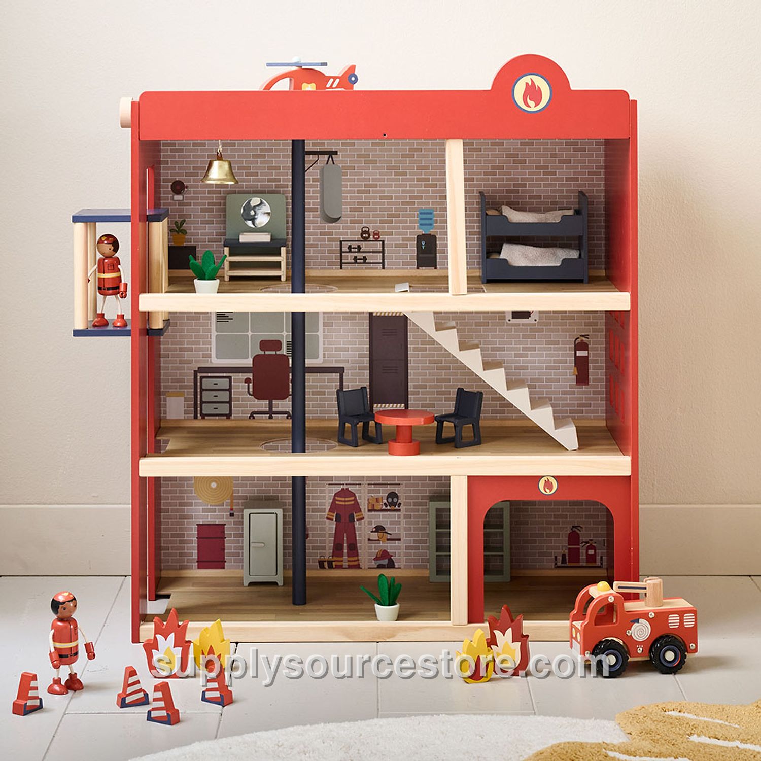 Wooden fire station «Pompier» | incl. 19 accessories | 87 cm (34.3 in) | | Red