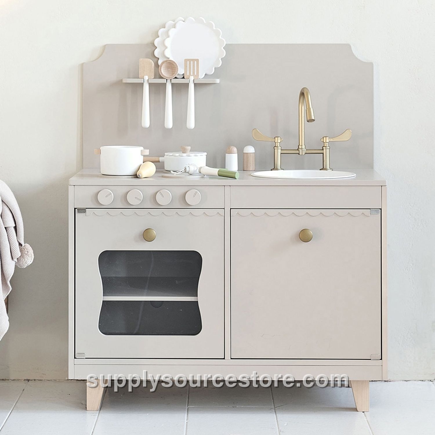 Wooden play kitchen «Sorbier» | Incl. 13-piece accessory set | Taupe