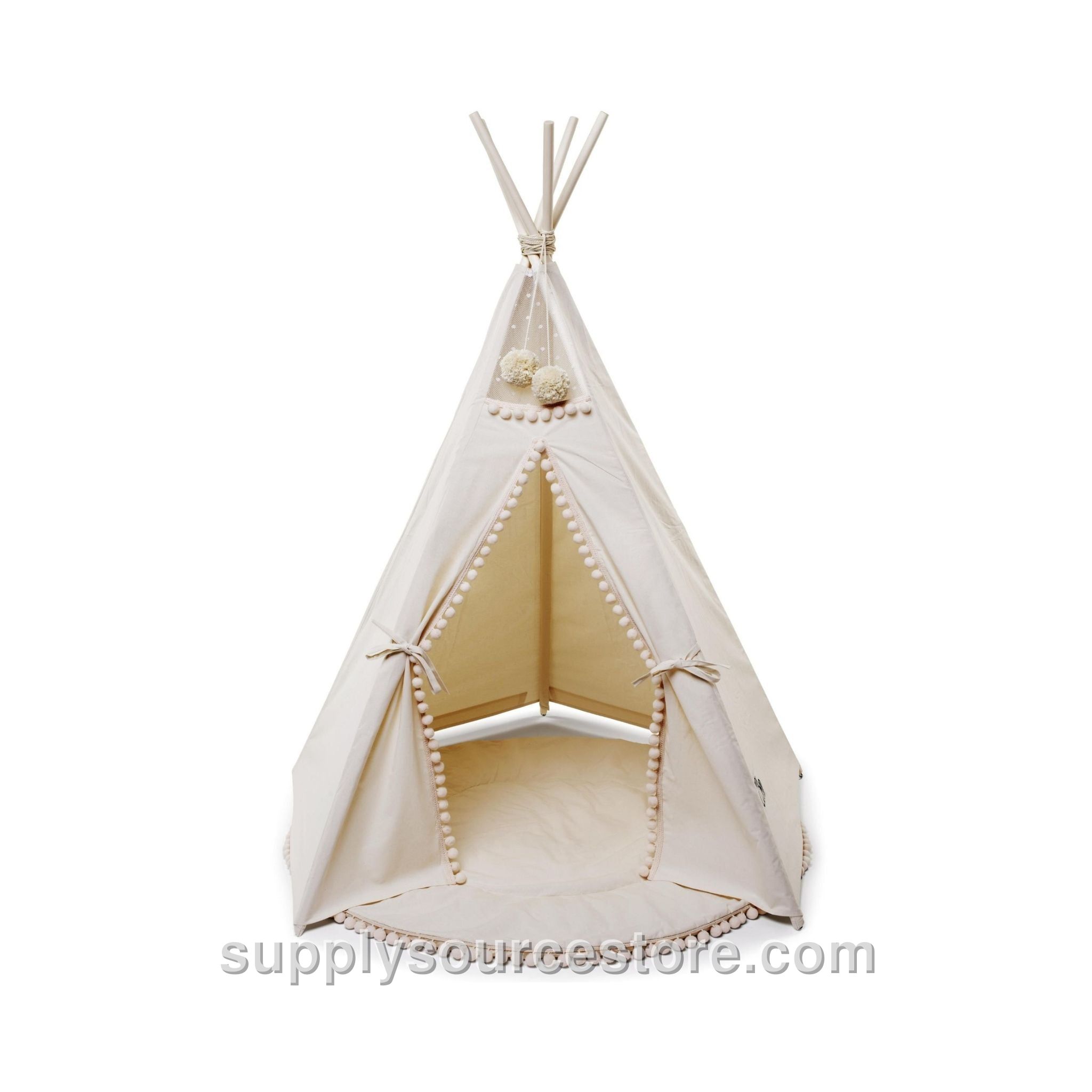 Teepee Play Tent with Pom Poms - Ecru