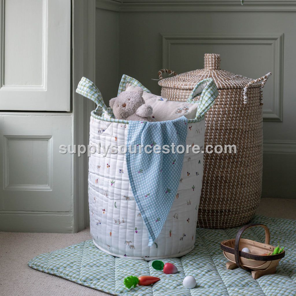 Avery Row Large Quilted Storage Basket - Little Farm / Greenhouse Gingham