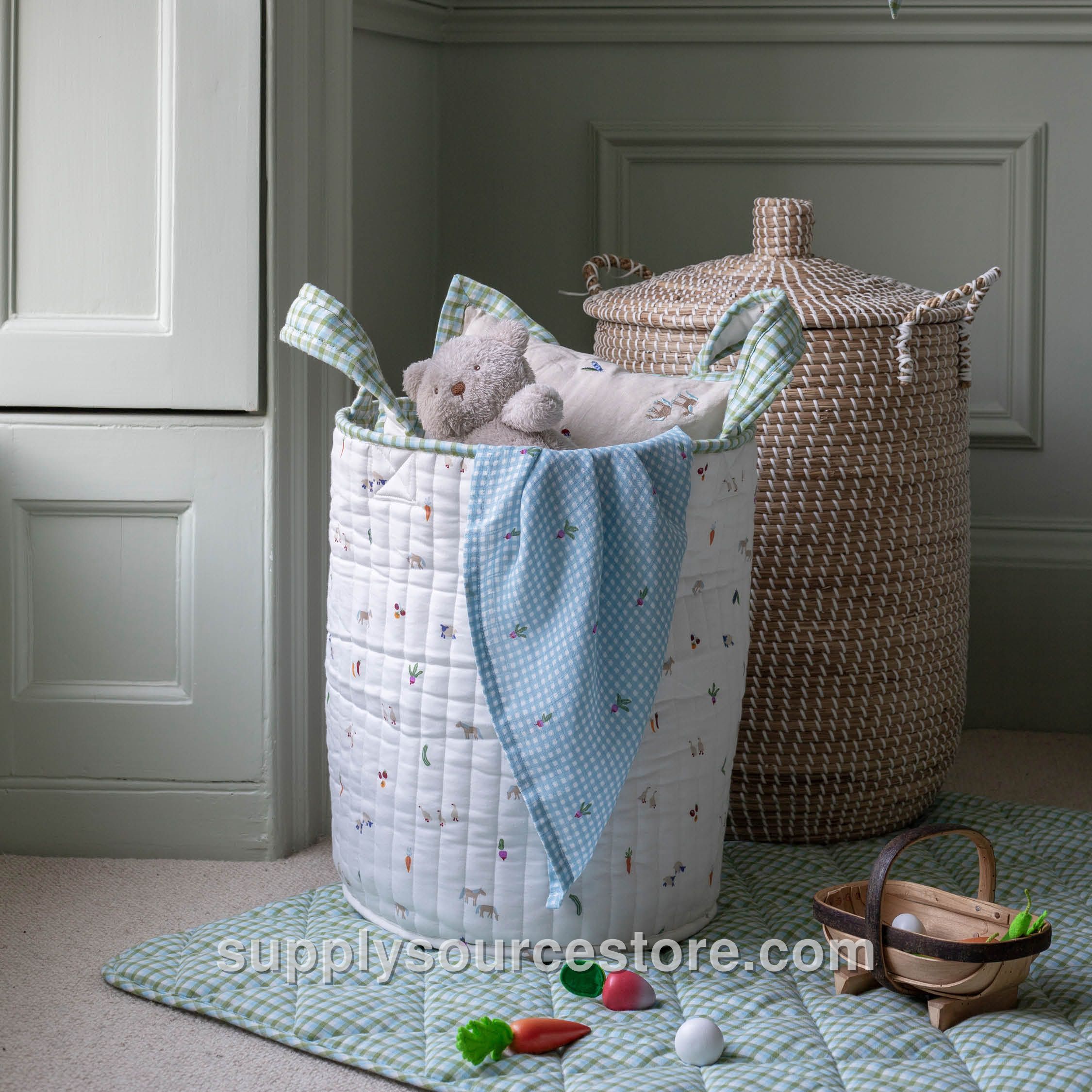 Large Quilted Storage Basket - Little Farm / Greenhouse Gingham