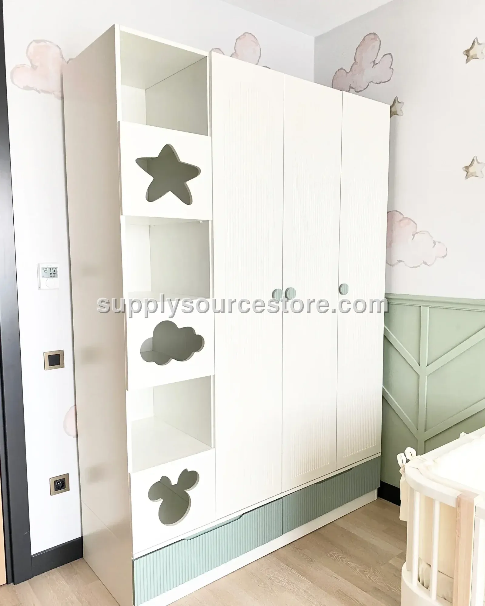 Aria Series Patterned 3 With Doors Children's Wardrobe - Star-Cloud-Mickey Mause Themed Cabinet