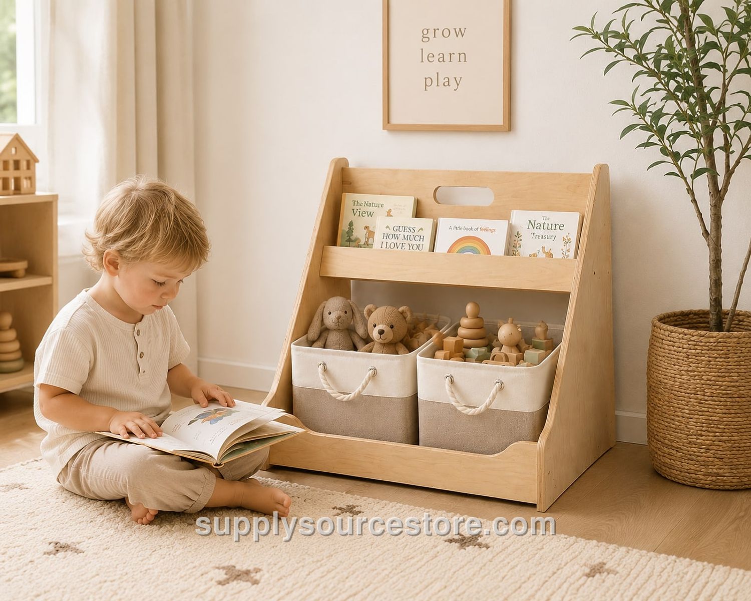 Montessori Toy & Book Storage Shelf with Fabric Baskets for Kids Rooms