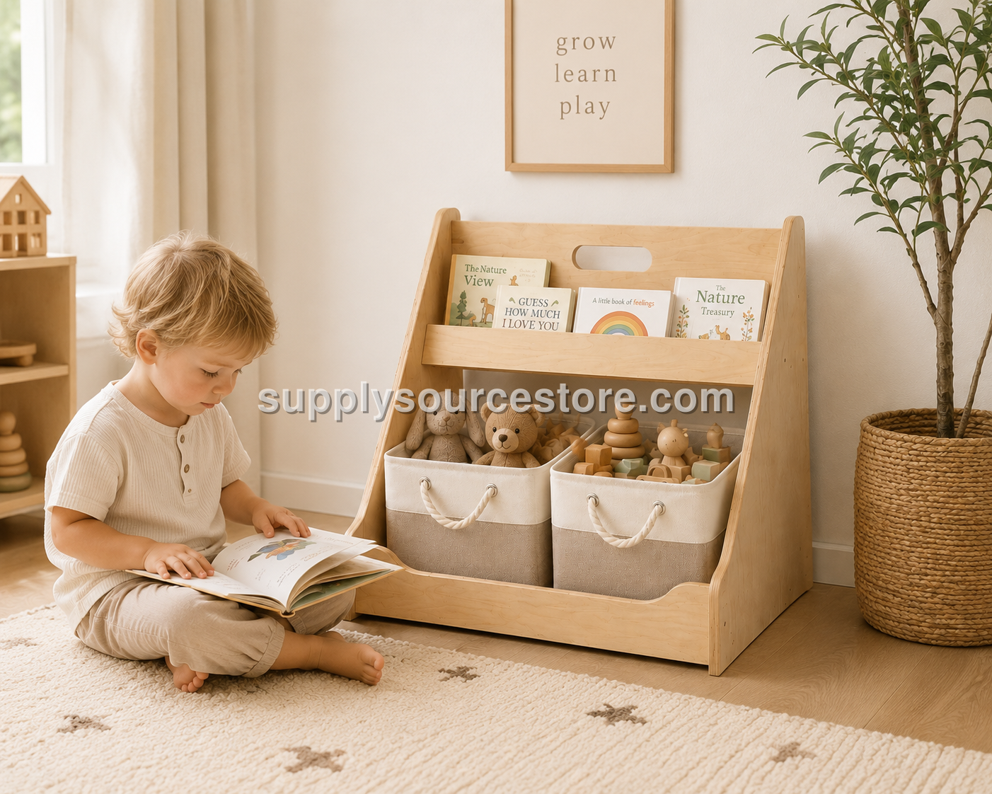Montessori Toy & Book Storage Shelf with Fabric Baskets for Kids Rooms