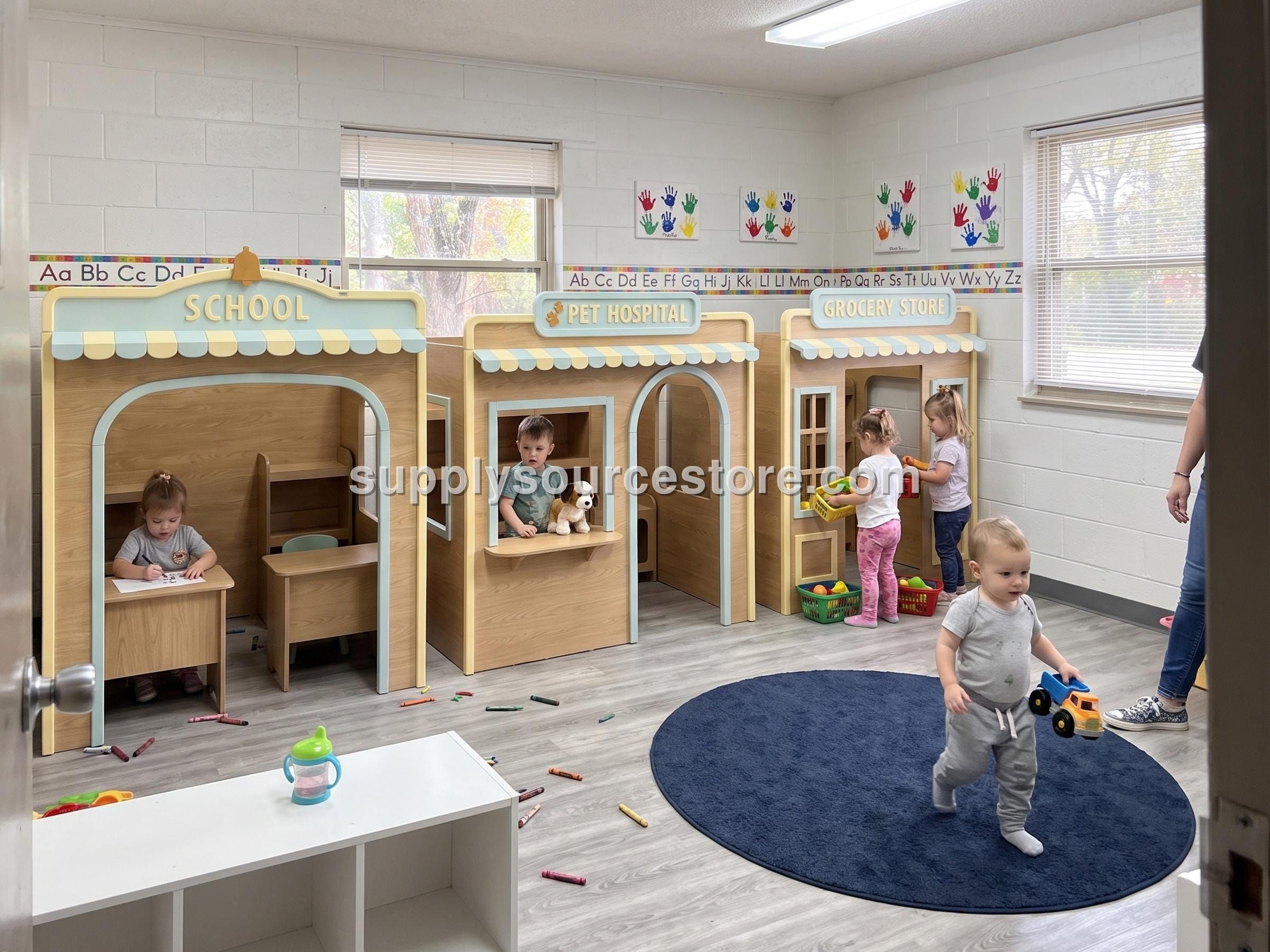 Customizable Wooden Playhouse Set | School, Grocery Store, Pet Hospital (Indoor Play Town)