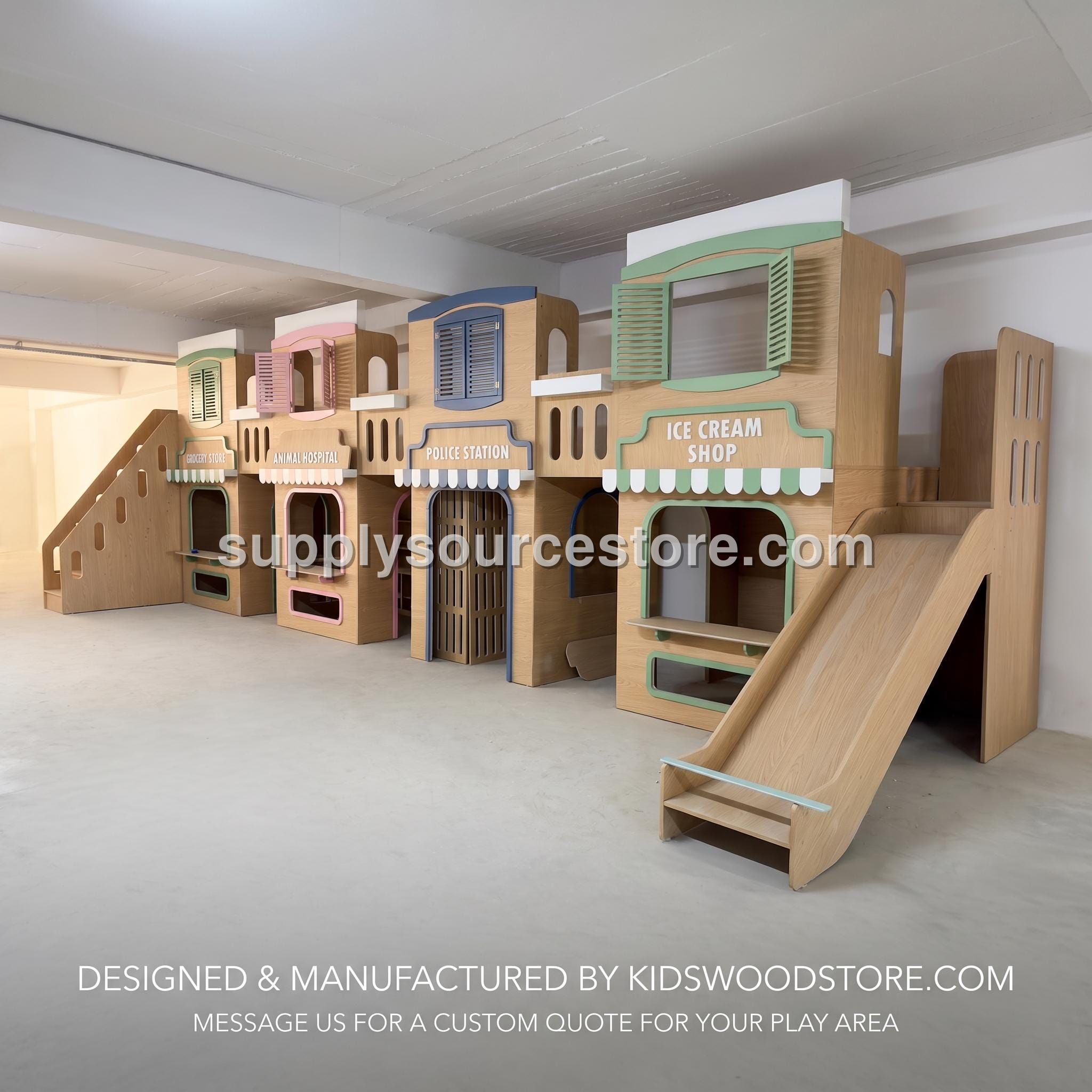 Customizable Wooden Playhouse Village | Montessori Role Play Shops with Stairs & Slide