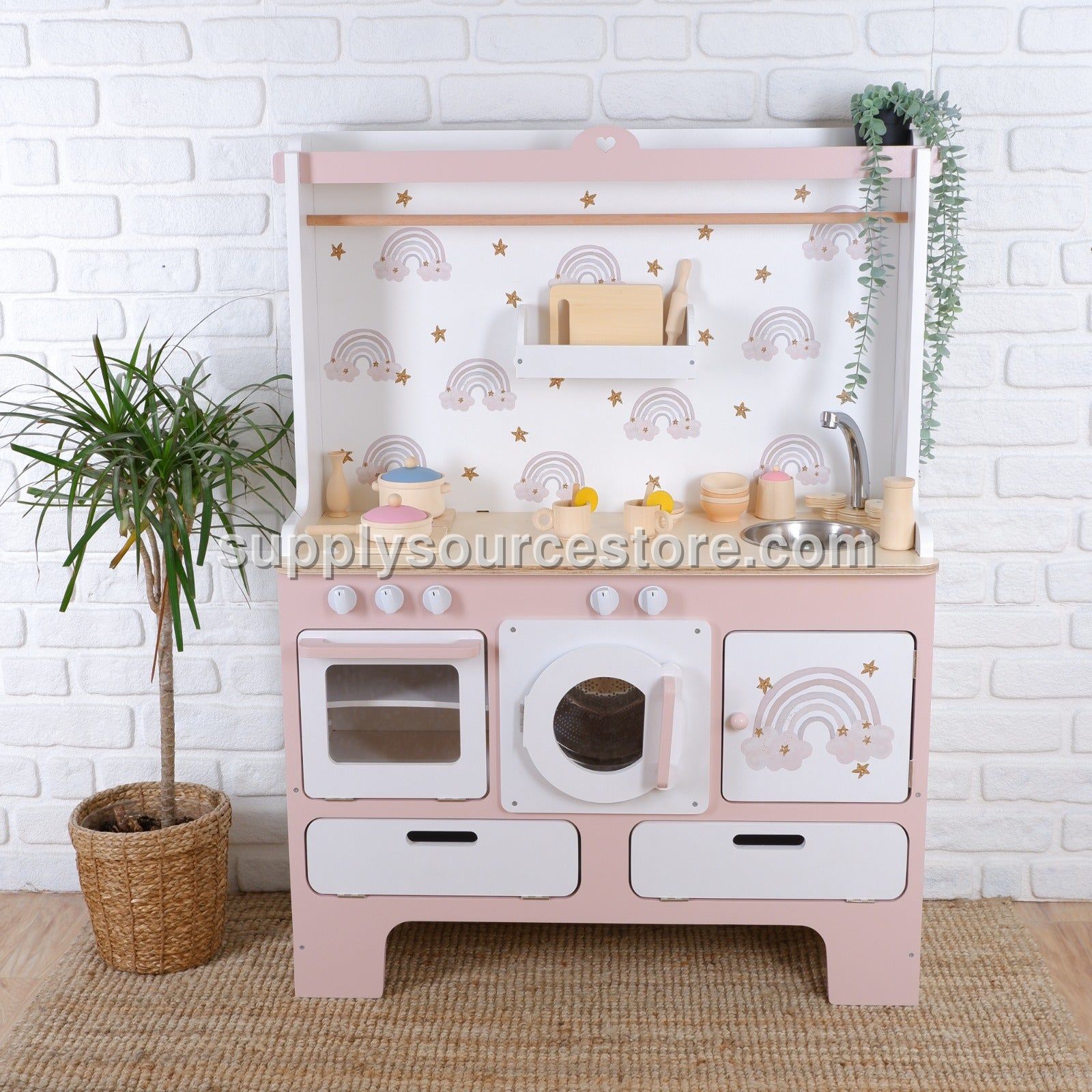 For 10 Years Biggest Wooden Play Kitchen – Blush Pink with Rainbow & Star Accents