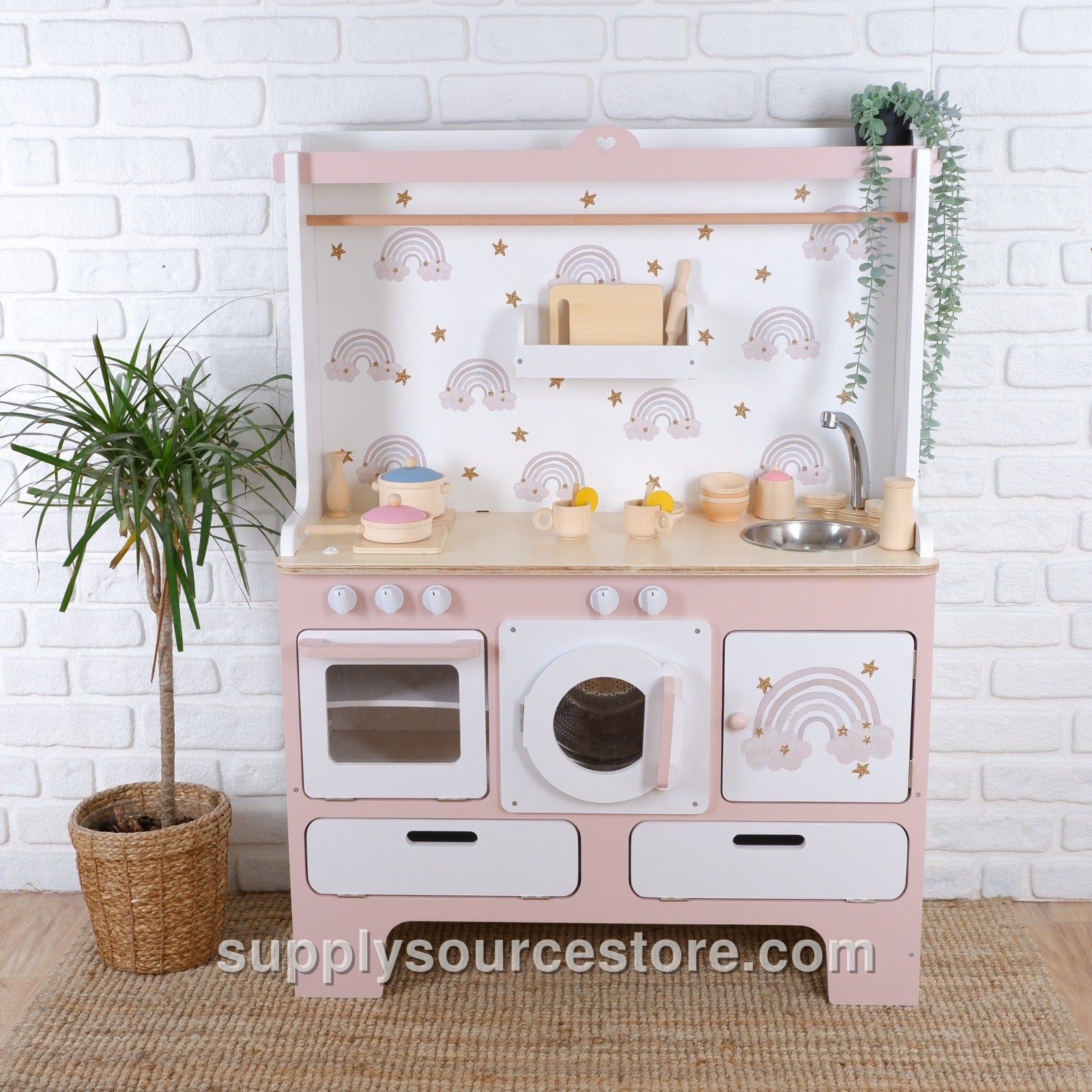 For 10 Years Biggest Wooden Play Kitchen – Blush Pink with Rainbow & Star Accents