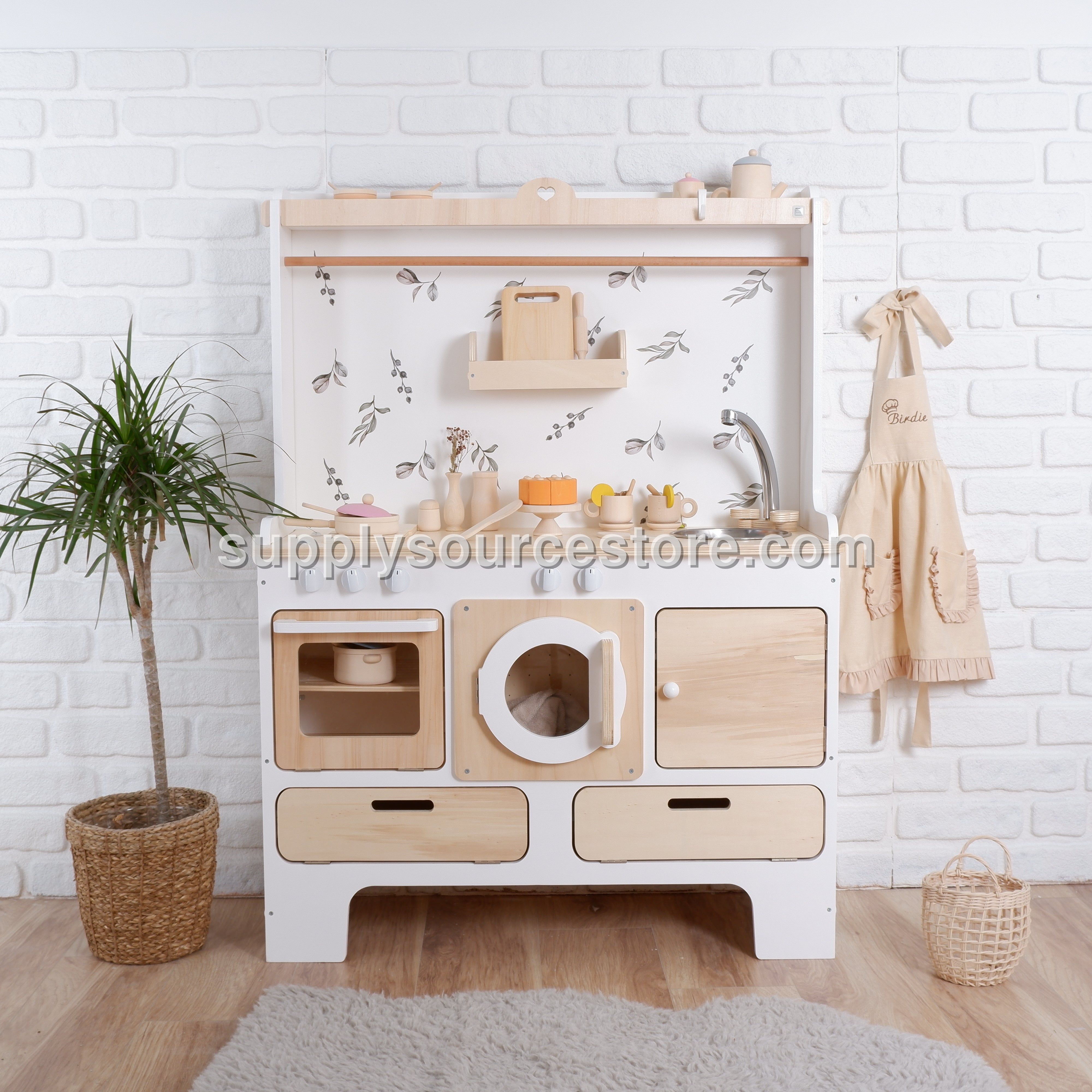 For 10 Years Biggest Wooden Play Kitchen – Botanical, Natural Wood with Leaf & Floral Details