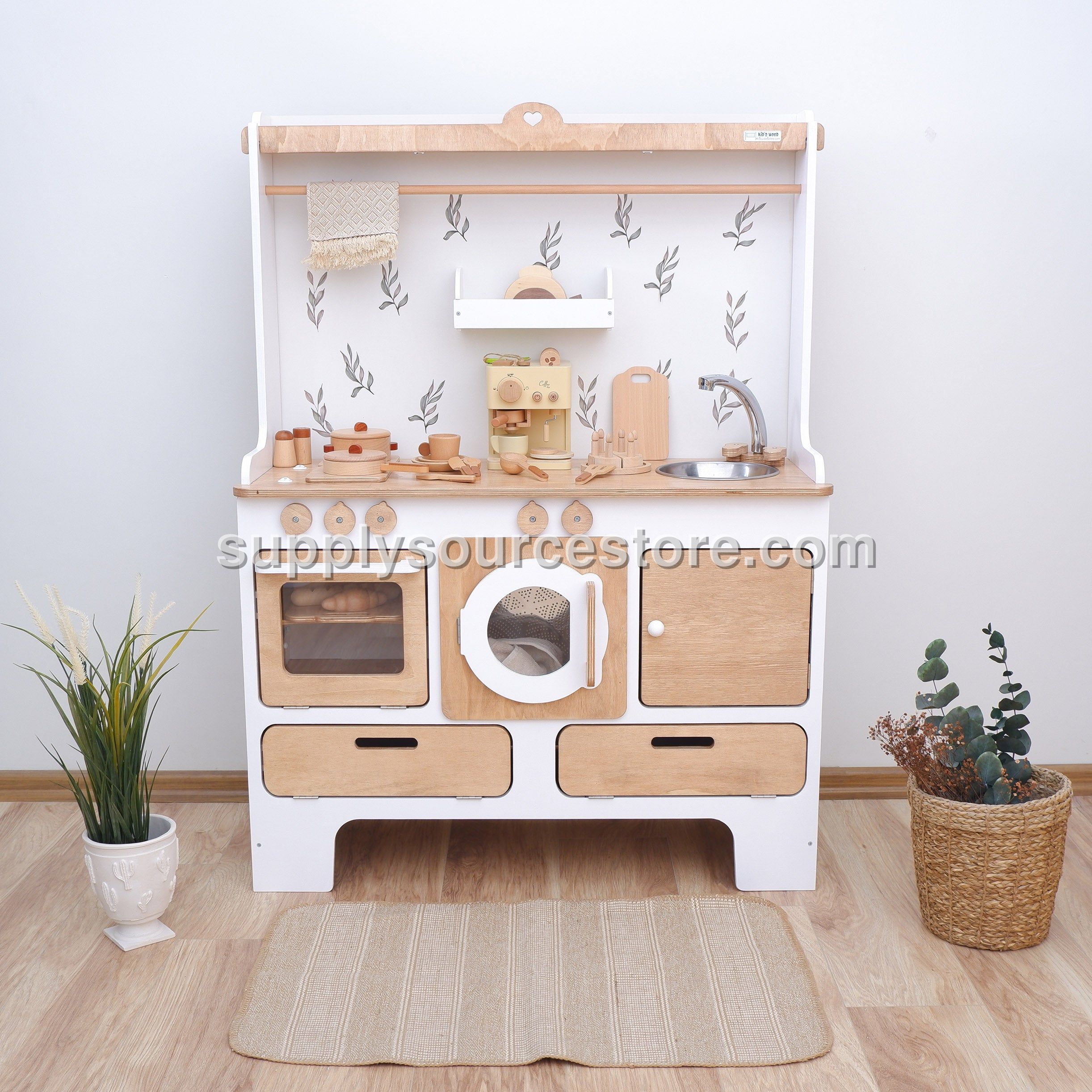 For 10 Years Biggest Wooden Play Kitchen – Natural Wood with Grey Botanical Decals
