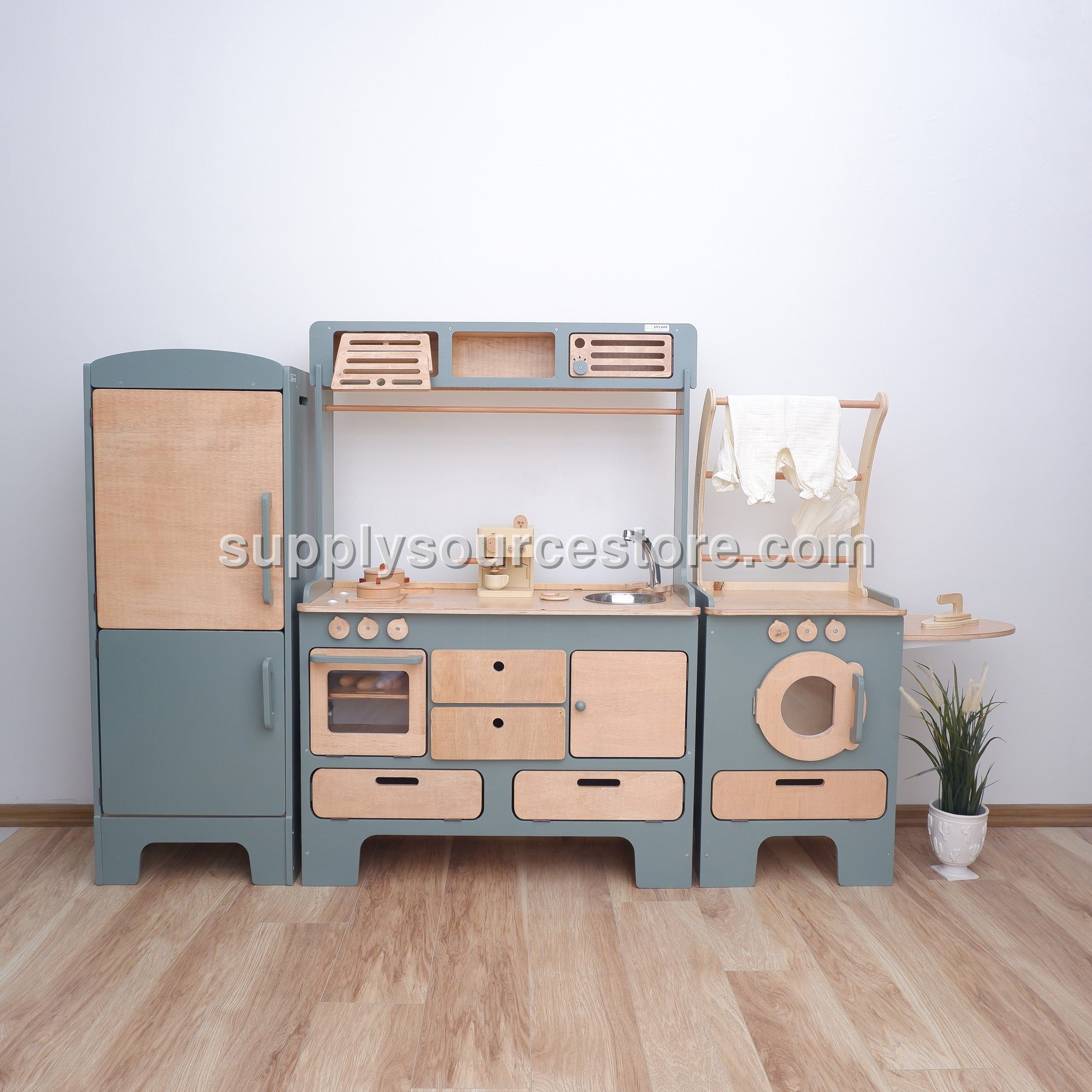 For 10 Years Biggest Wooden Play Kitchen – Slate Blue 3-Piece Set with Fridge & Washer
